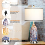 Table Lamp with Nightlight 2in1 Indigo Glass Lamp Body Charging Ports AC Outlet Drum Shade Touch Dimming Switch(Set of 2)