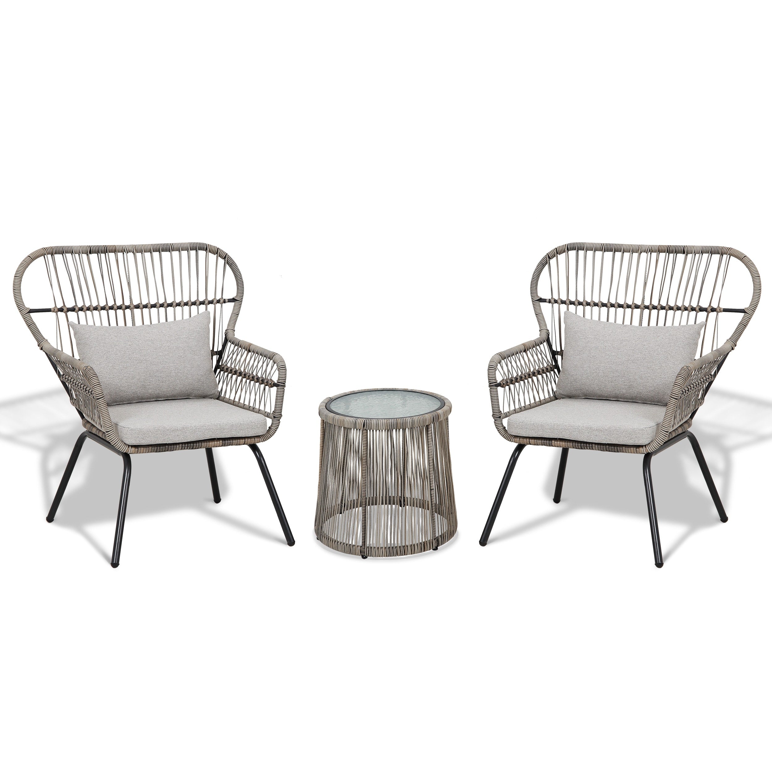 3 Piece Outdoor Wicker Conversation Bistro Set, All-Weather Rattan Furniture Patio Chairs Set with Cushions