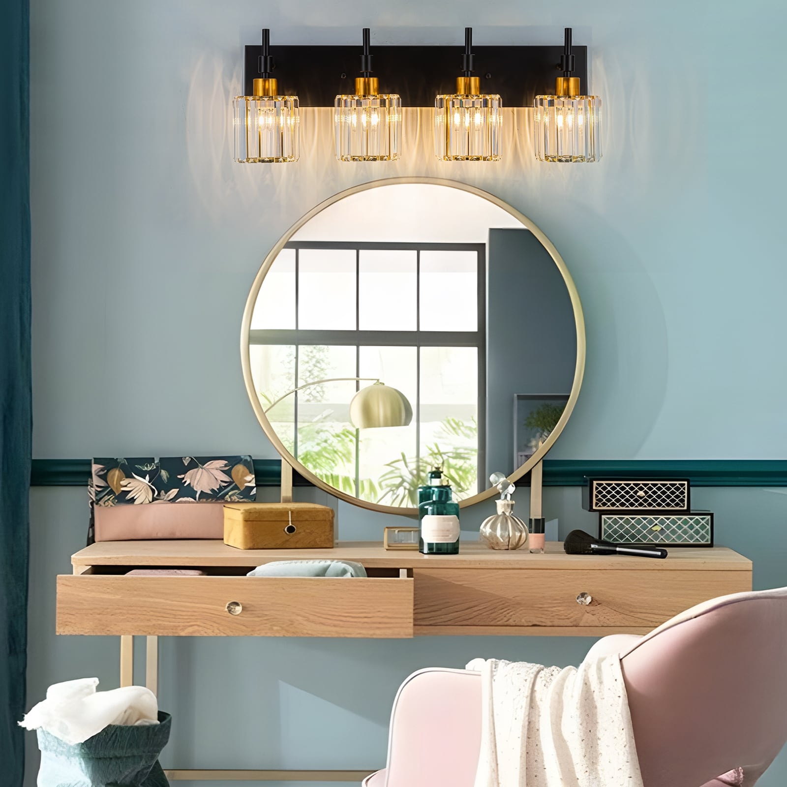 Modern Dimmable Crystal Bathroom Vanity Light Wall Sconces with Crystal Shades