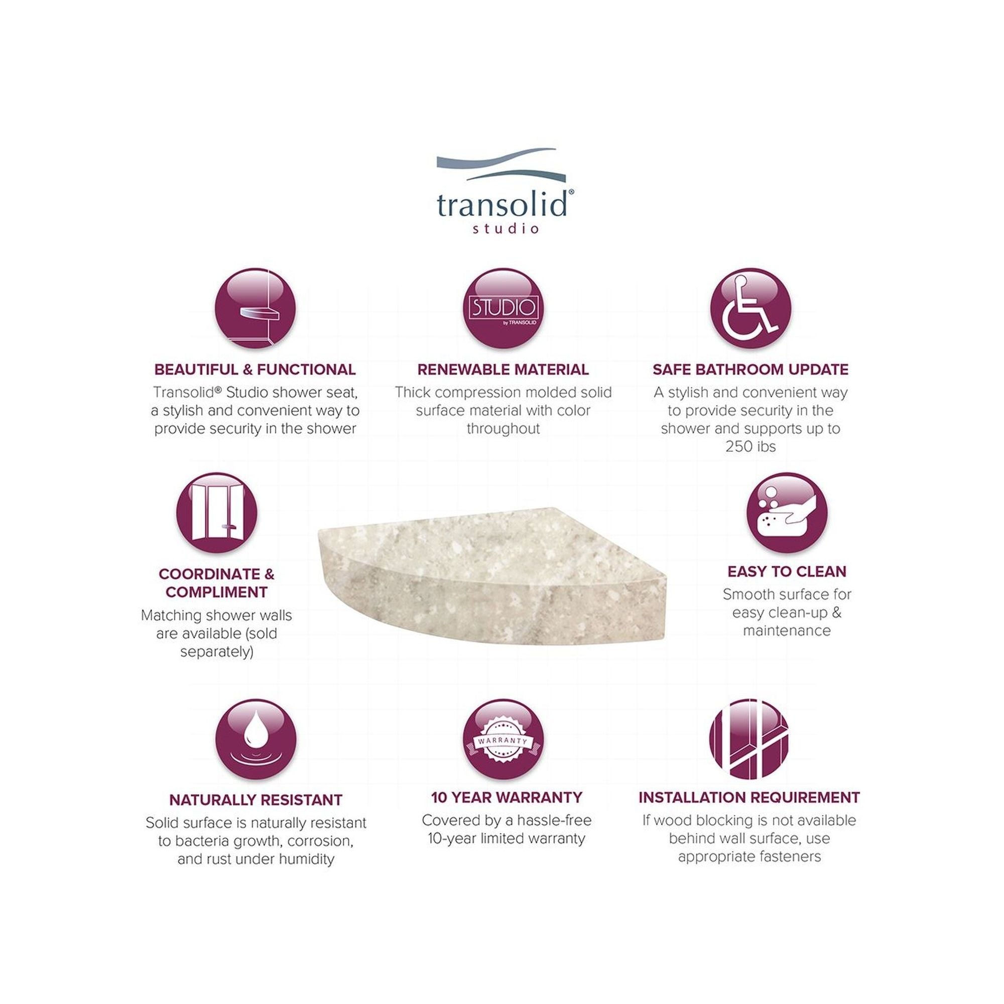 Transolid Studio 14-In X 14-In Solid Surface Wall-Mount Corner Shower Seat - 14.5 x 14.25 x 3