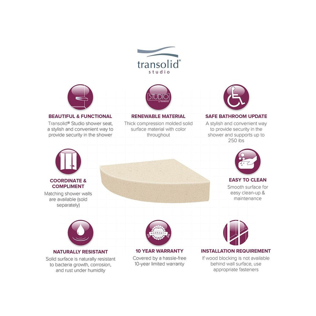 Transolid Studio 14-In X 14-In Solid Surface Wall-Mount Corner Shower Seat - 14.5 x 14.25 x 3