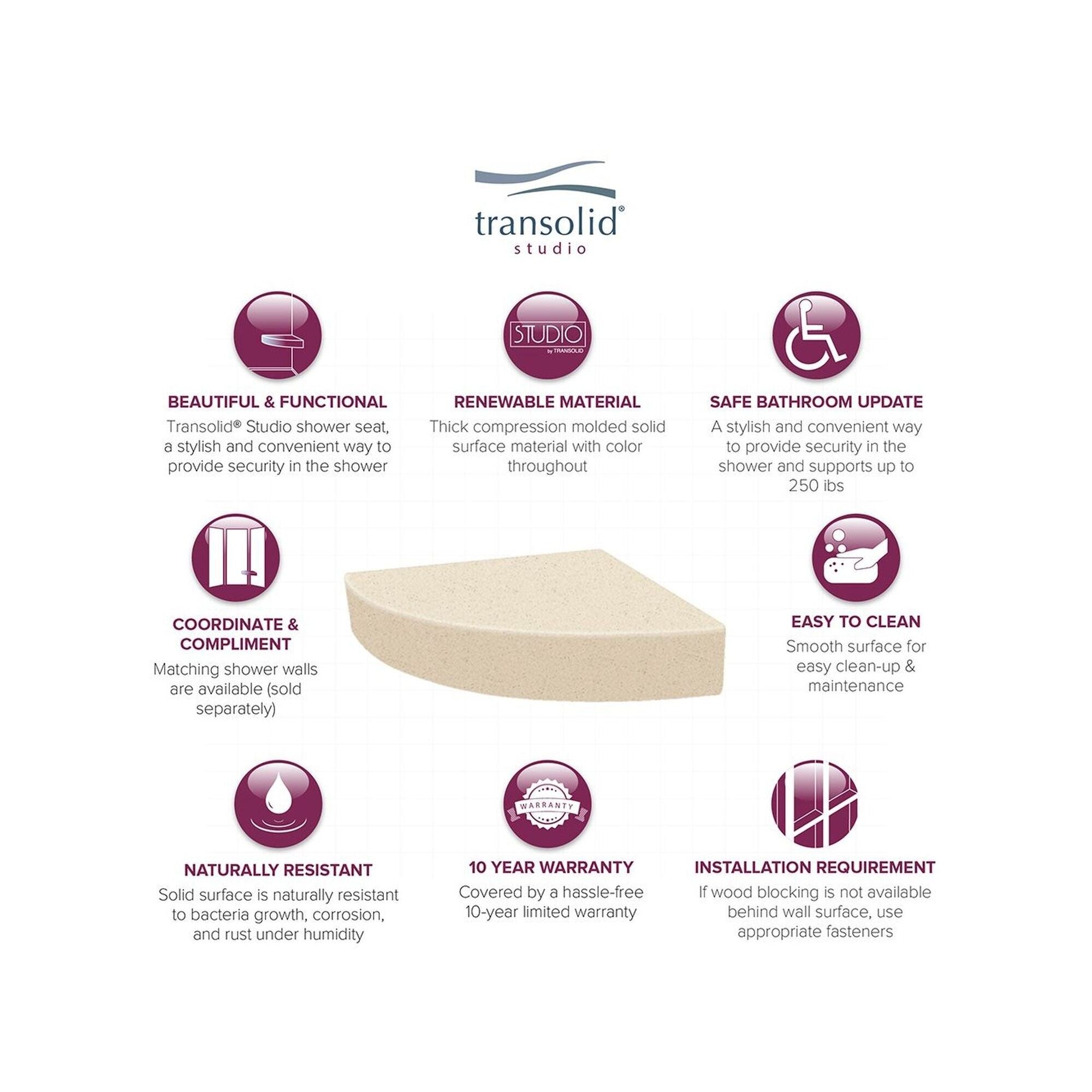 Transolid Studio 14-In X 14-In Solid Surface Wall-Mount Corner Shower Seat - 14.5 x 14.25 x 3