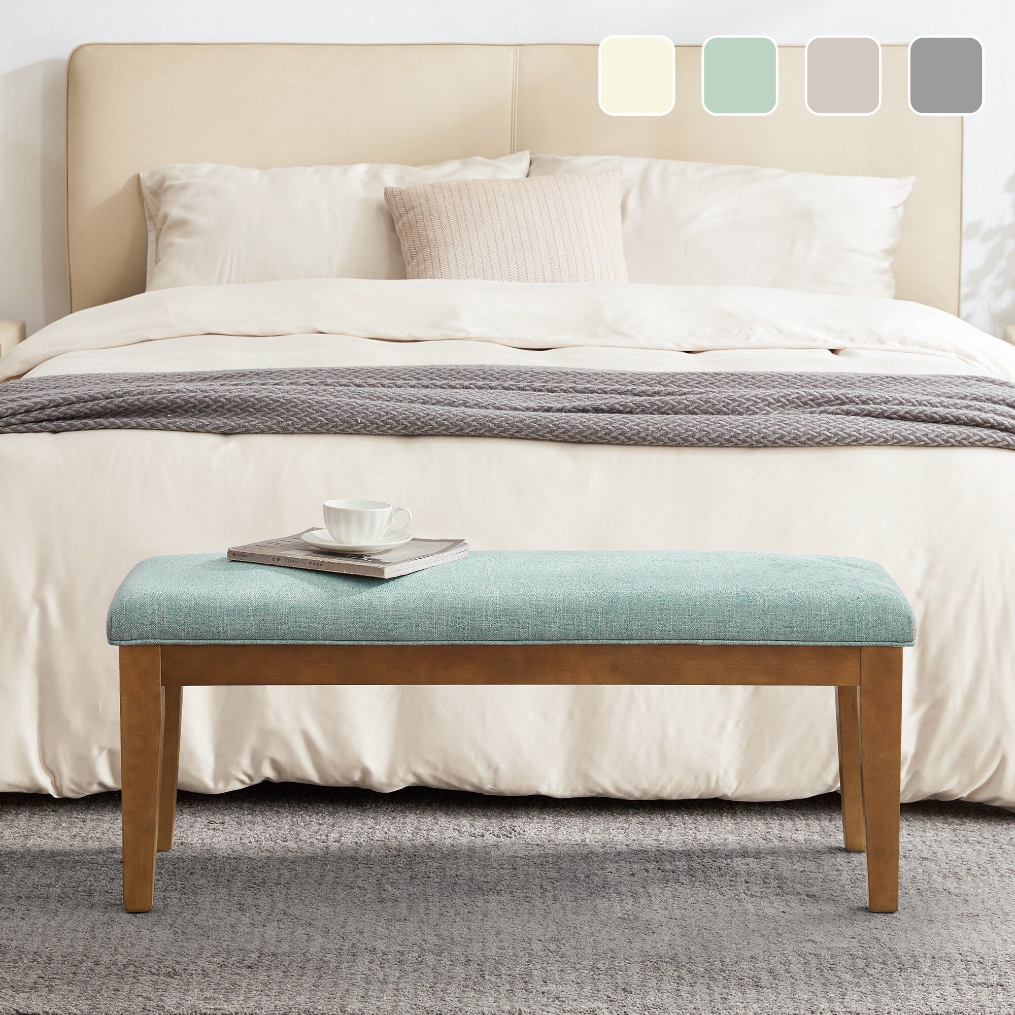 Upholstered Fabric Entryway Bench, Bedroom Bench for End of Bed Beige, Solid Wood 44-inch