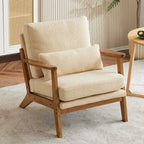 Upholstered Linen Blend Accent Chair with Wooden Legs and One Pillow Beige