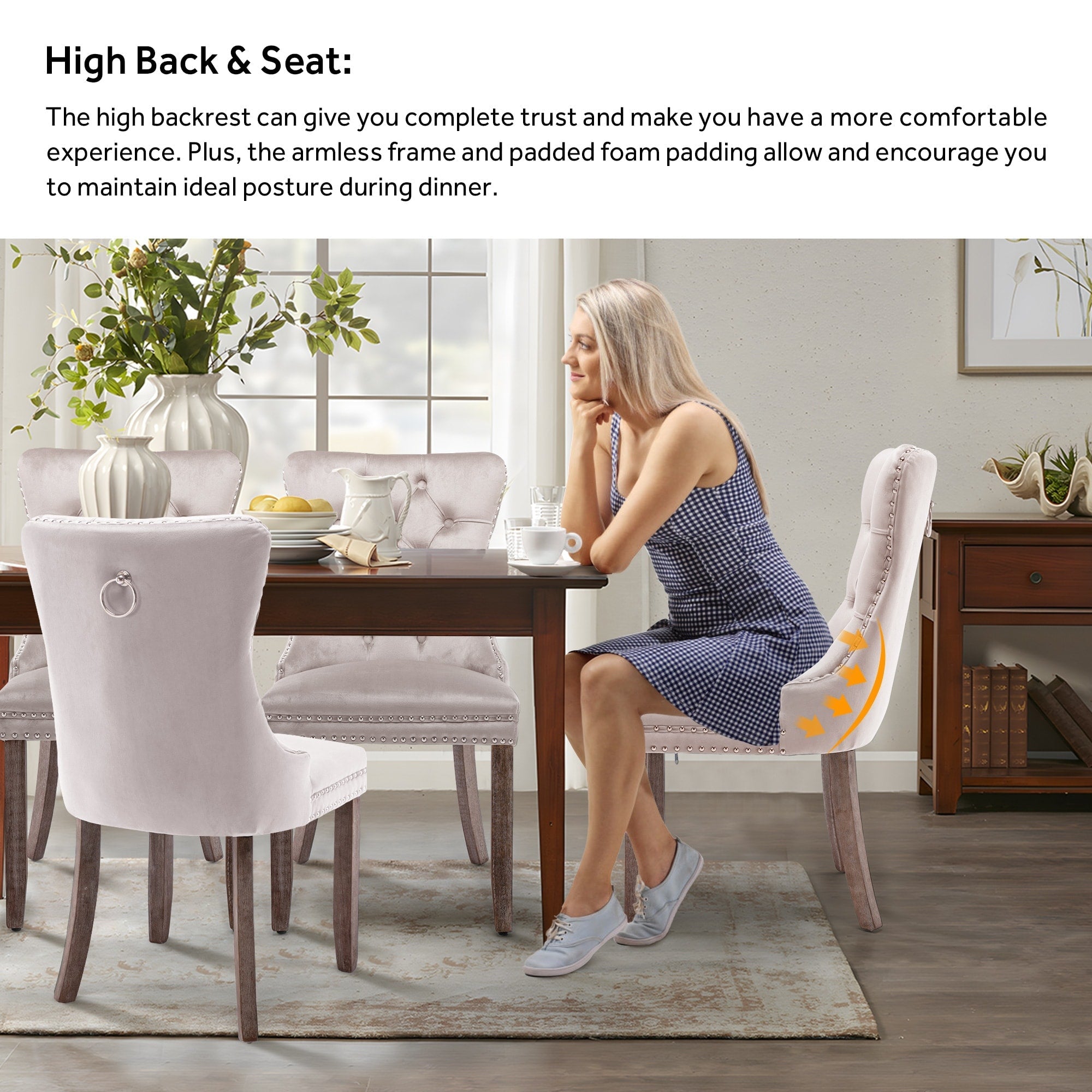 Upholstered Tufted Velvet Dining Chair with Solid Wood Legs Set of 6