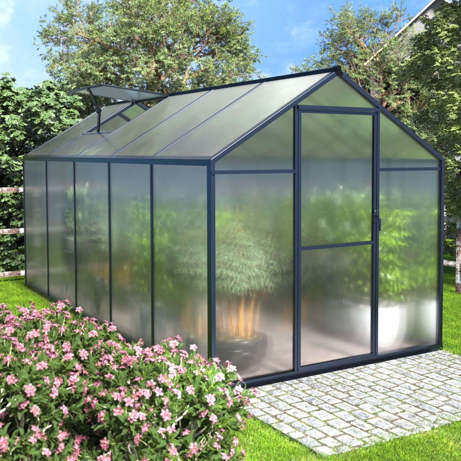 VEIKOUS Aluminum Walk-In Garden Greenhouse Kit with Adjustable Roof Vent and Lockable Door Grey