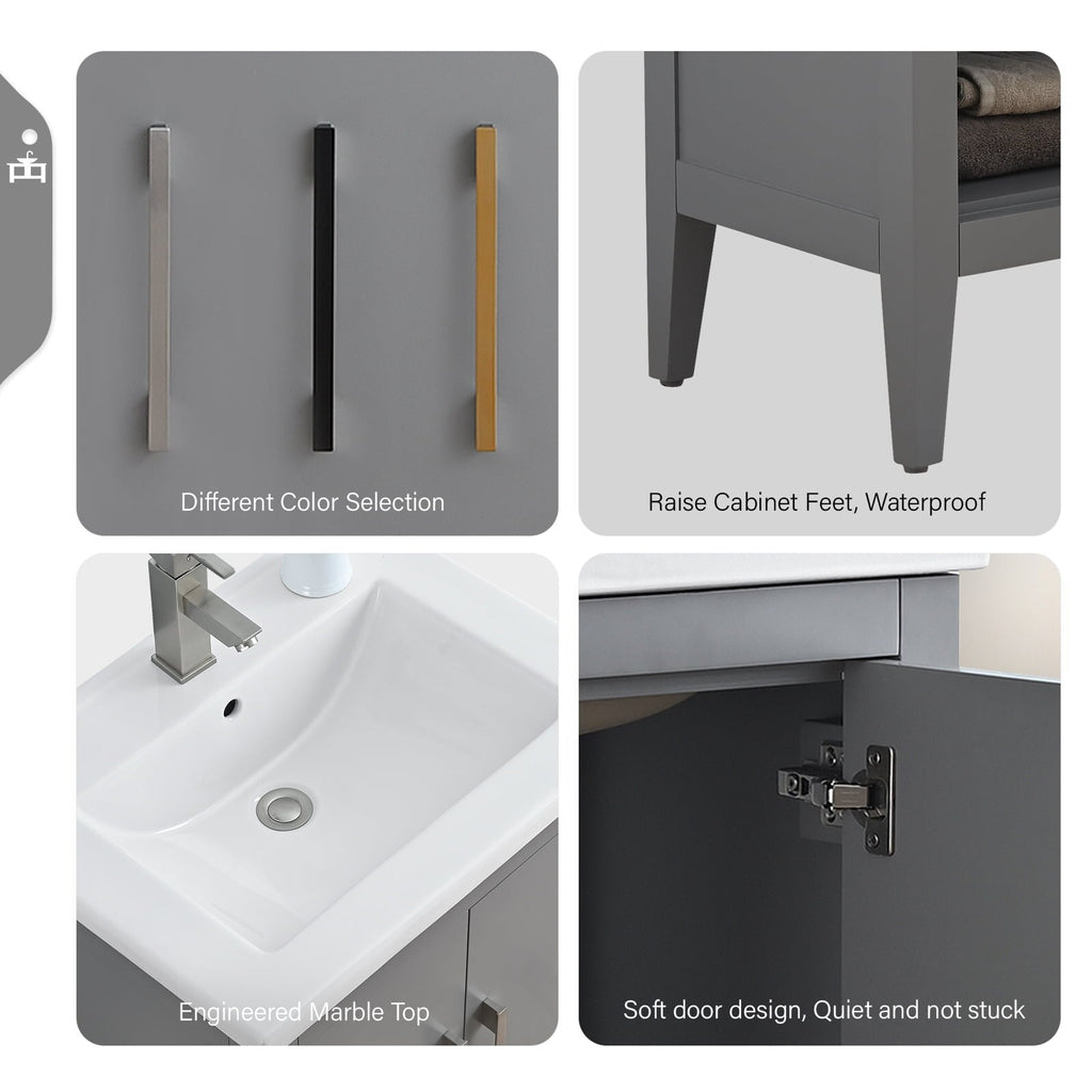 Vanity Art 20 or 24 or 30 Single Sink Bathroom Vanity Cabinet with Ceramic Top