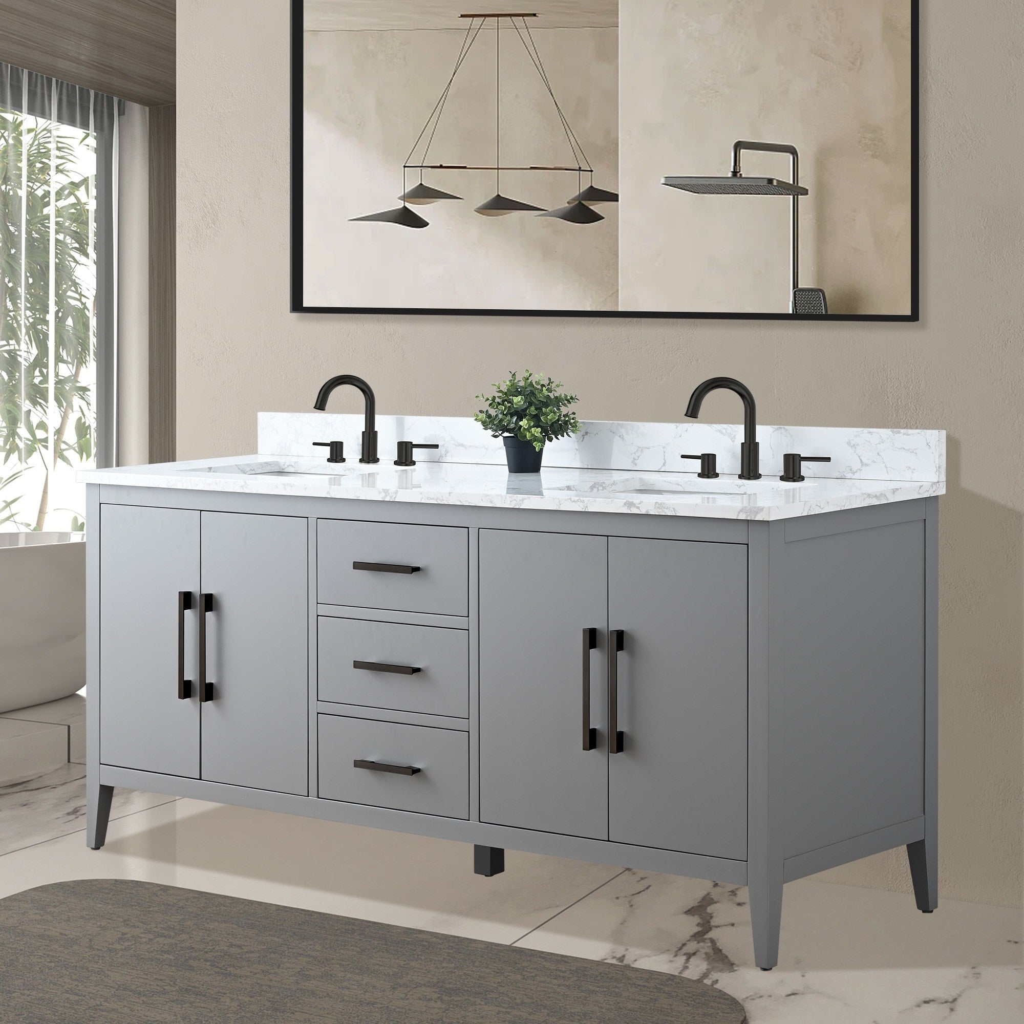 Vanity Art 72 Double Sink Bathroom Vanity Cabinet with Engineered Marble Top