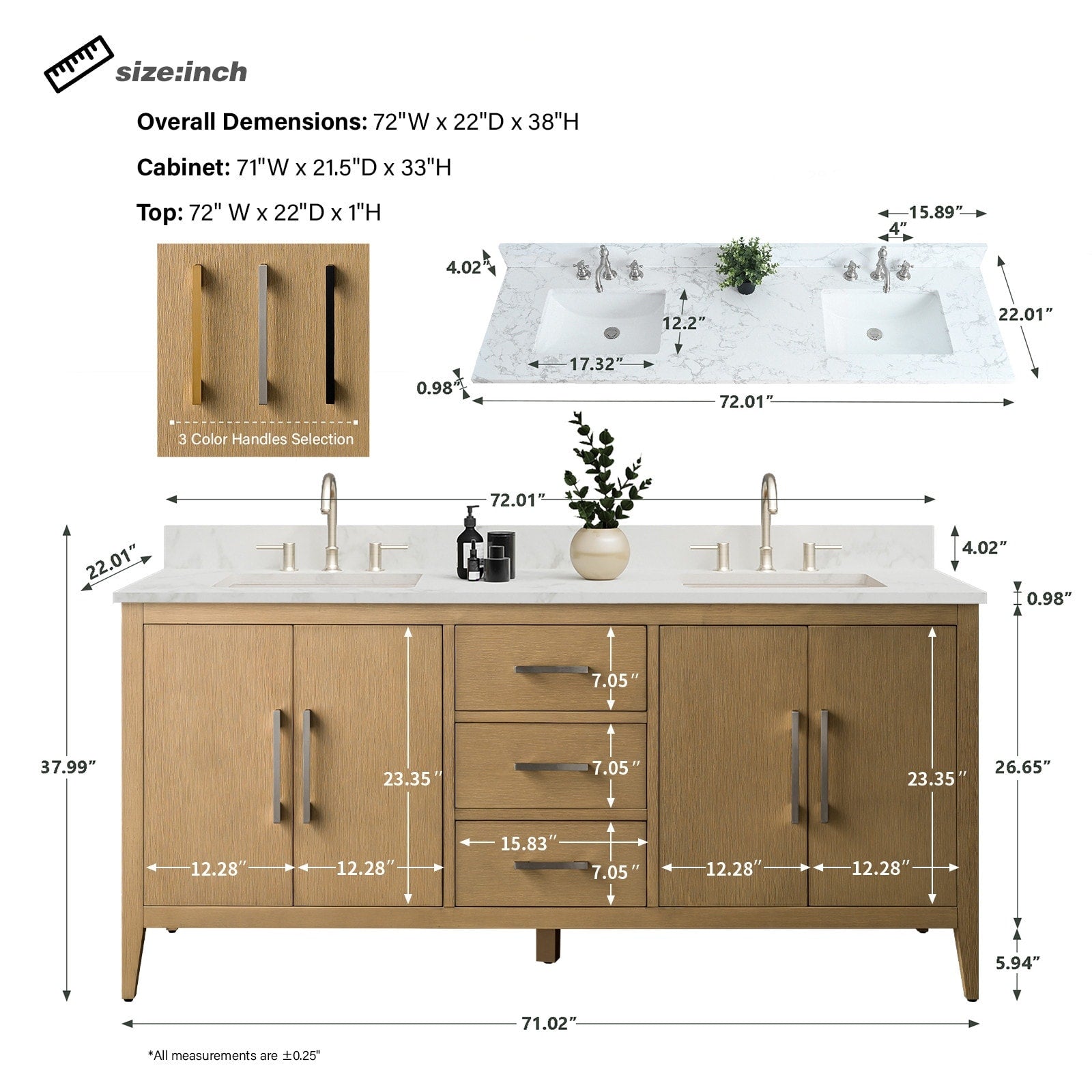 Vanity Art 72 Double Sink Bathroom Vanity Cabinet with Engineered Marble Top