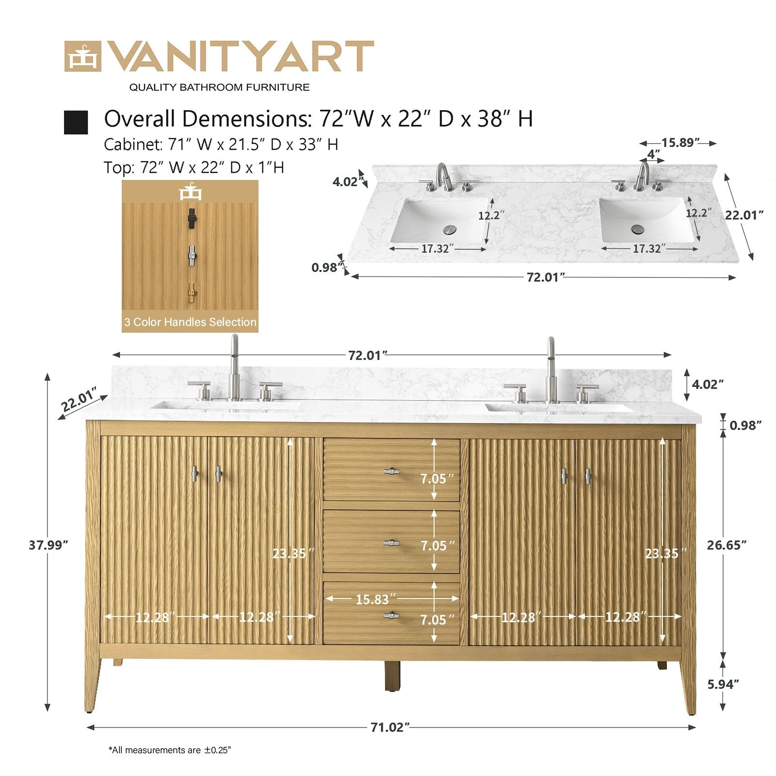 Vanity Art 72 Double Sink Bathroom Vanity Cabinet with Engineered Marble Top