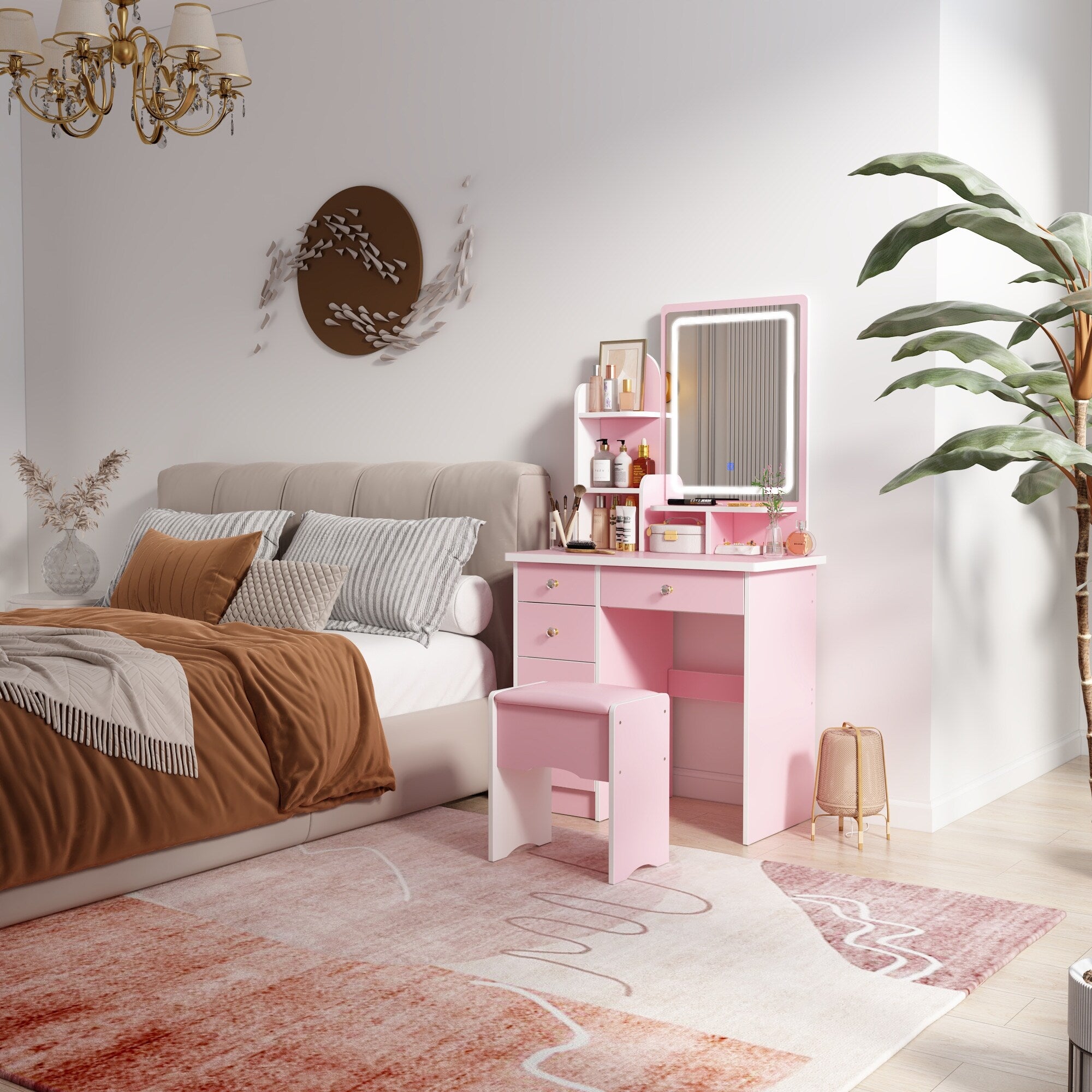 Vanity Set With Mirror and Lamp Home Makeup Dressing Table with Stool