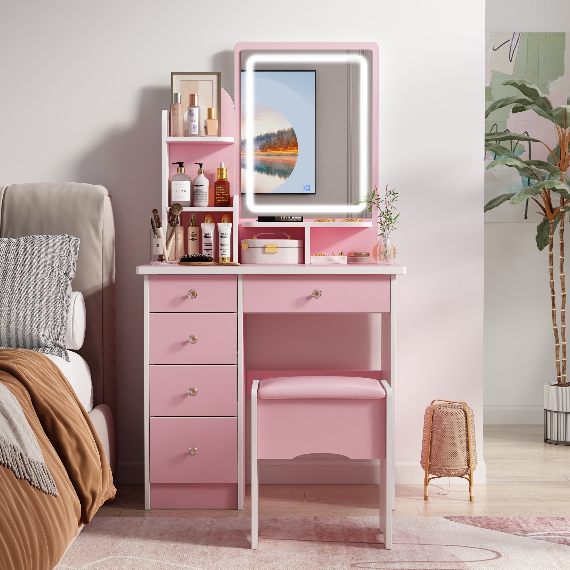 Vanity Set With Mirror and Lamp Home Makeup Dressing Table with Stool