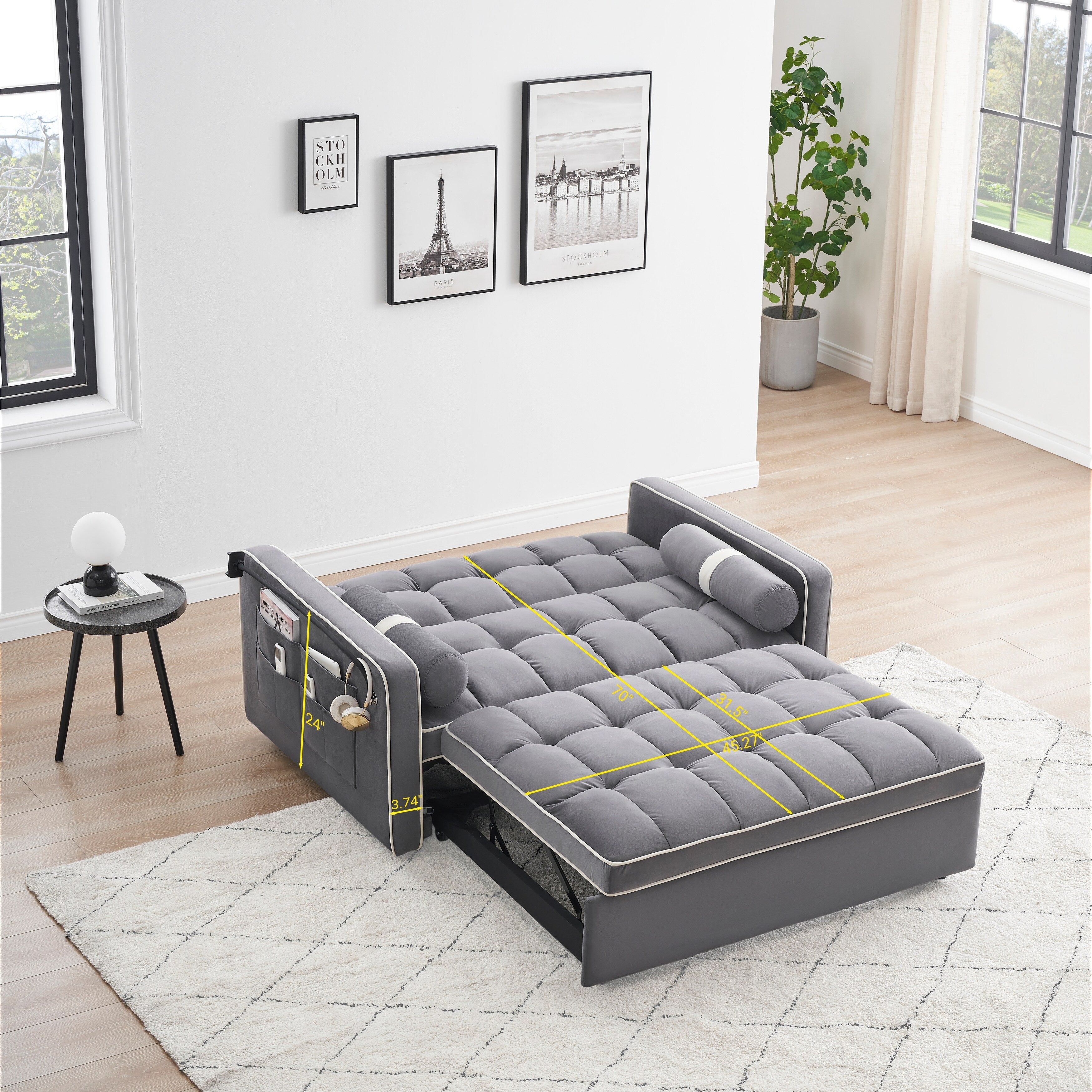 Velvet Convertible 55'' 2-Seater Sleeper Sofa with Pull-Out Bed, Adjustable Recline, Side Pockets, and Phone Holder