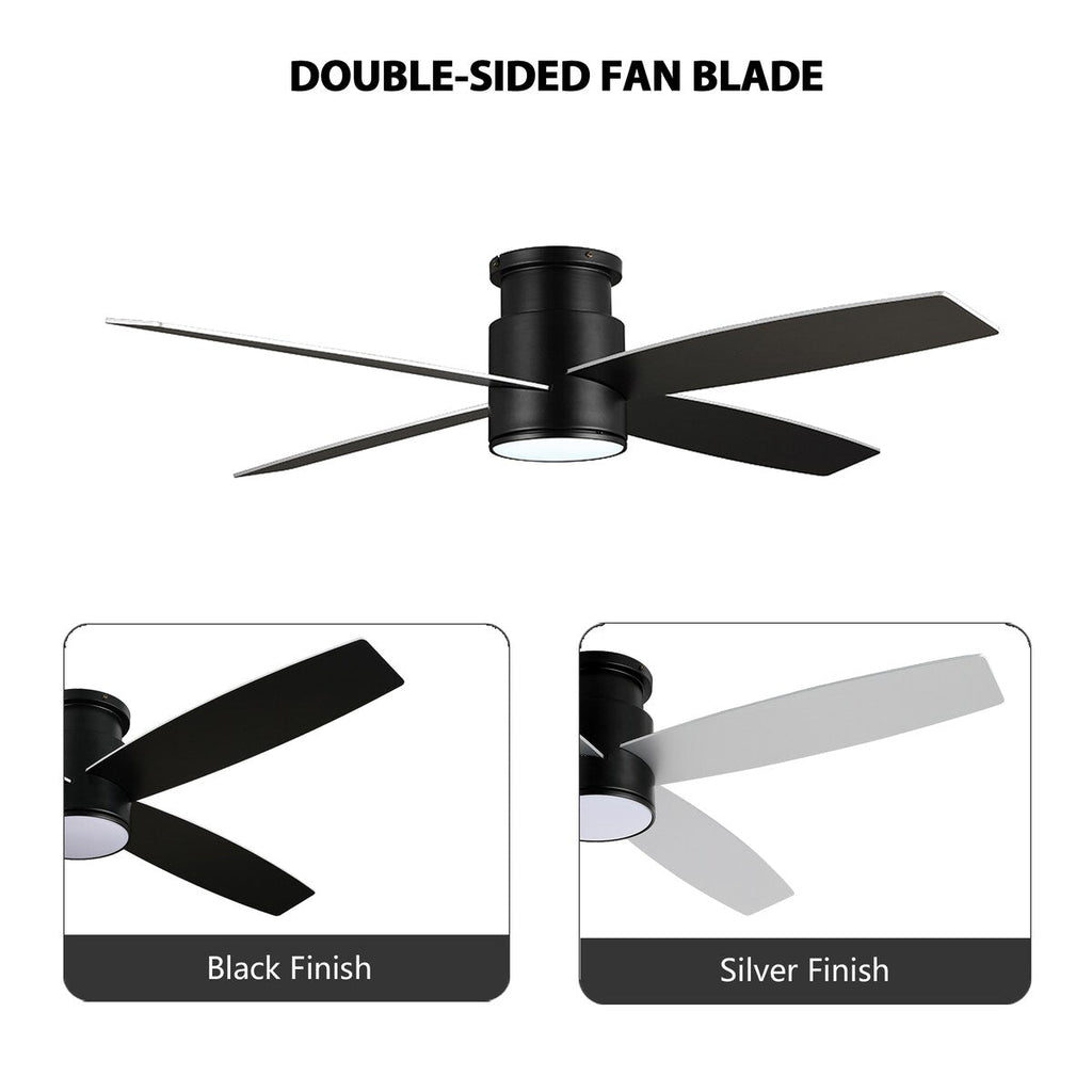 WINGBO 44/52 Inch Flush Mount DC Ceiling Fan with Lights and Remote, 4 Reversible Blades