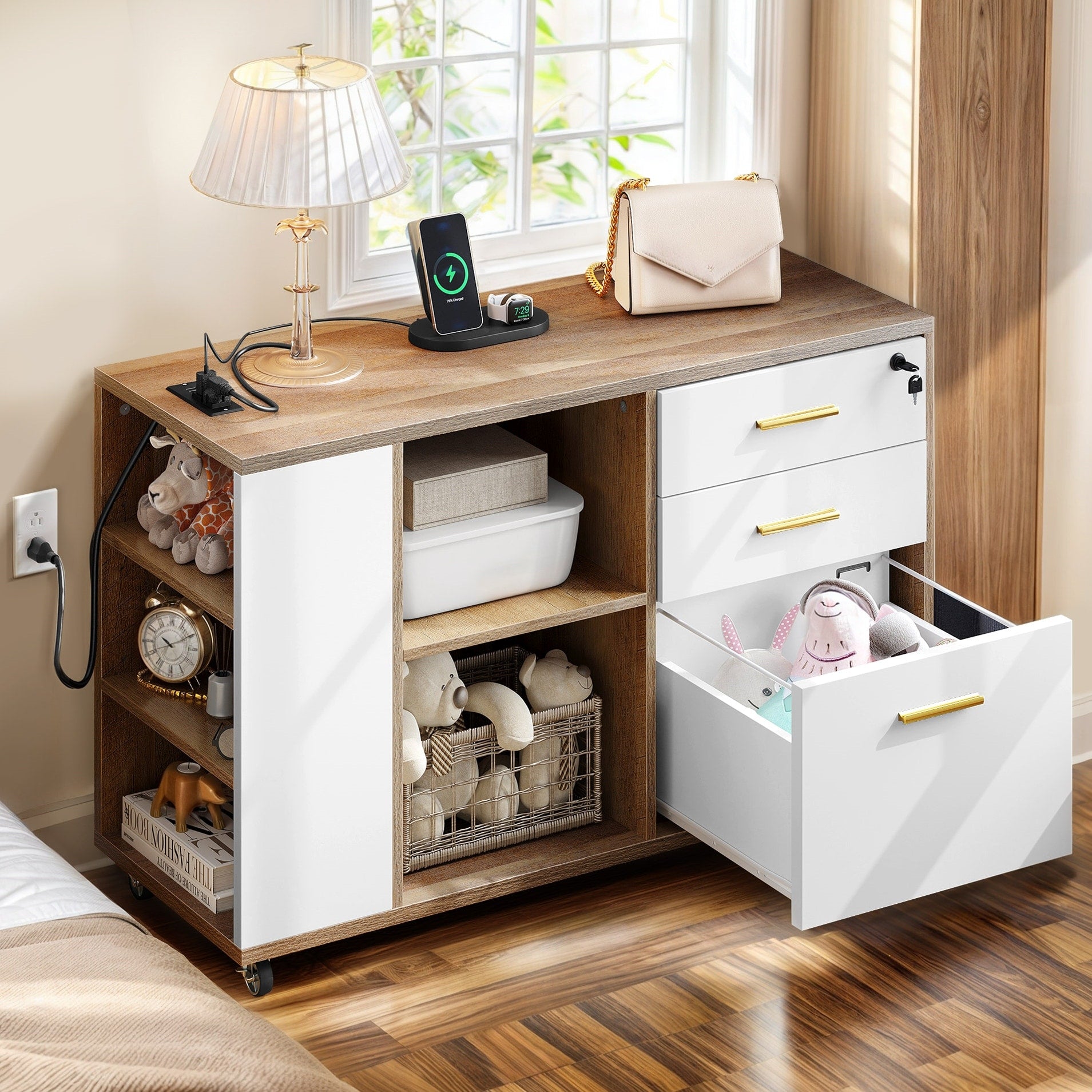 Wood File Cabinet with Charging Station Mobile Lateral Filing Cabinet Lockable Fits A4 Letter Legal Size Files