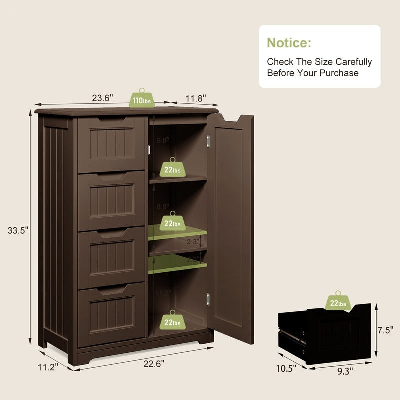 Bathroom Floor Storage Cabinet, Free-Standing Floor Storage Cabinet with 4 Draws and Adjustable Shelf