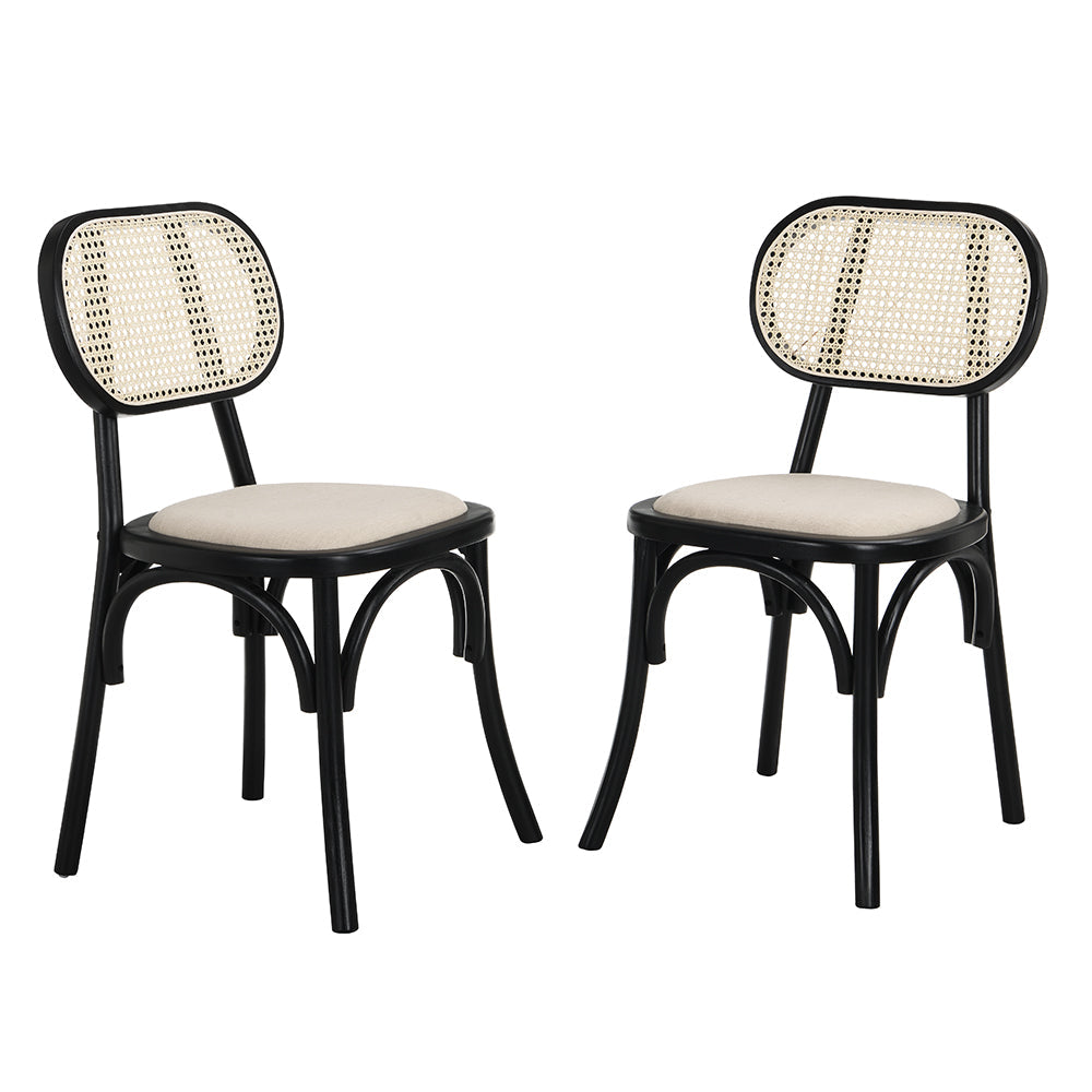 Anya Set of 2 Cane Rattan and Upholstered Dining Chairs, Black Colour