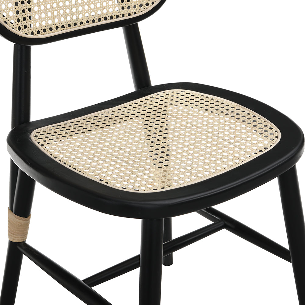 Anya+ Set of 2 Cane Rattan and Upholstered Dining Chairs, Black Colour