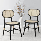 Anya+ Set of 2 Cane Rattan and Upholstered Dining Chairs, Black Colour