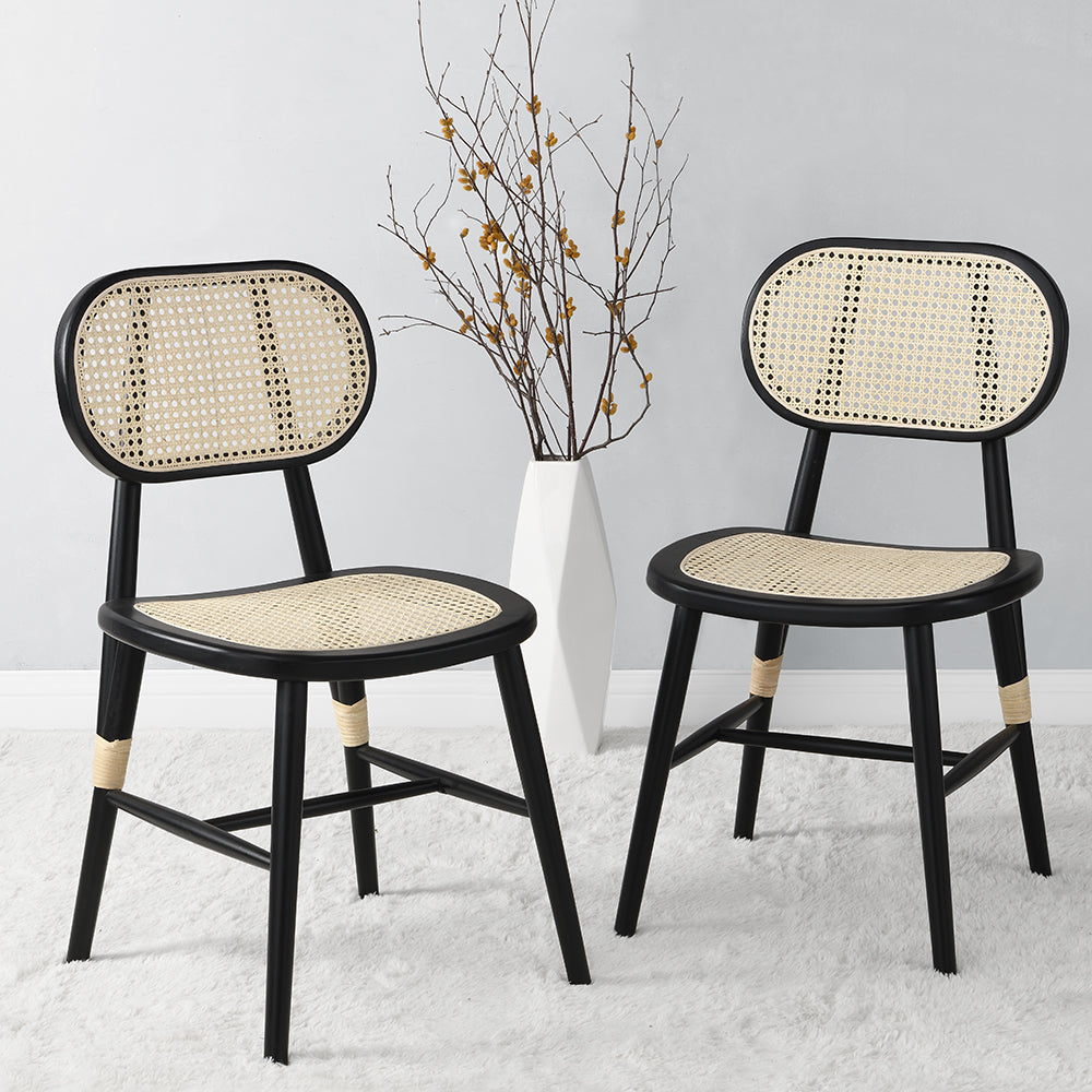Anya+ Set of 2 Cane Rattan and Upholstered Dining Chairs, Black Colour