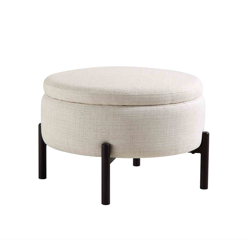 Amboise Round Storage Pouffe, Beige Linen Blend