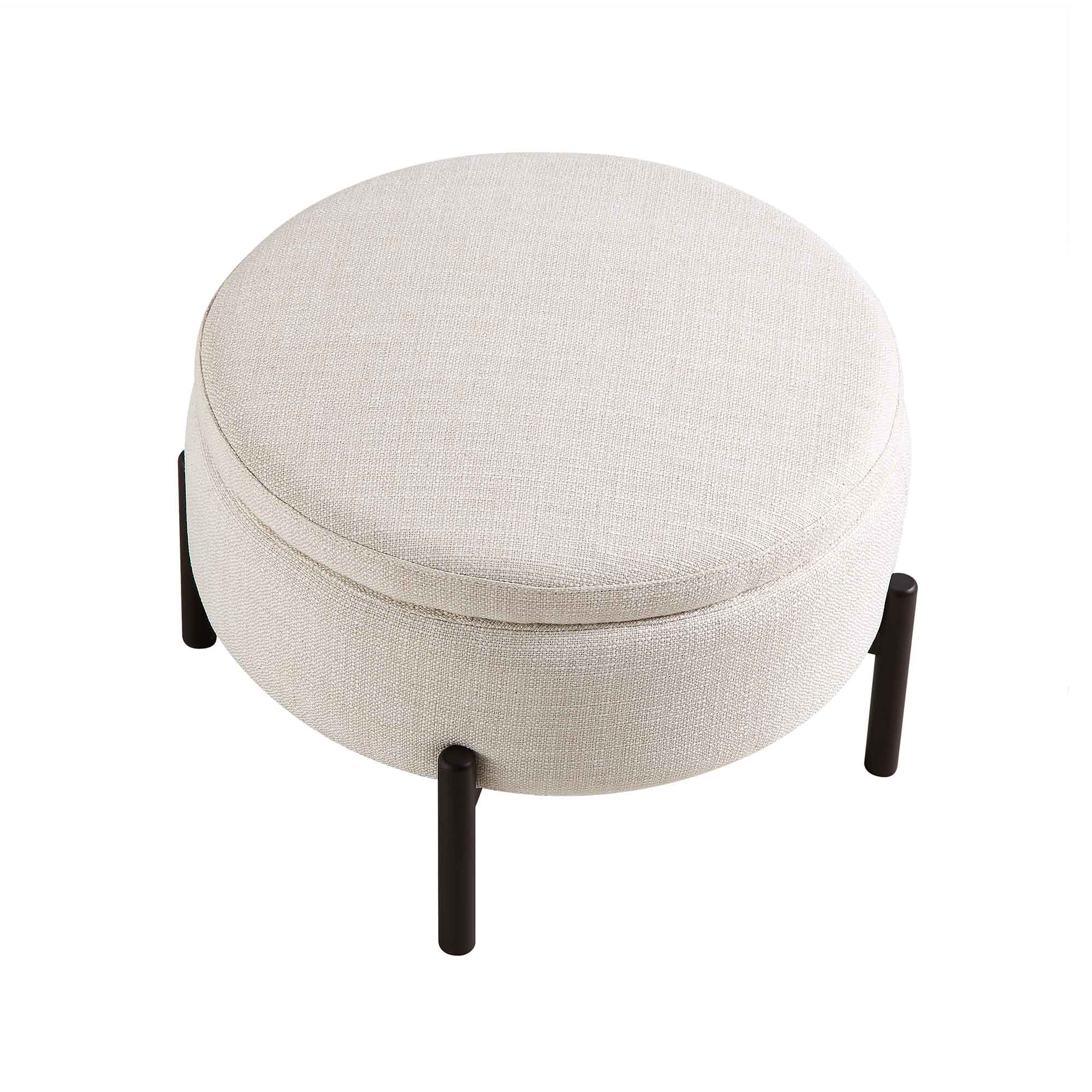 Amboise Round Storage Pouffe, Beige Linen Blend