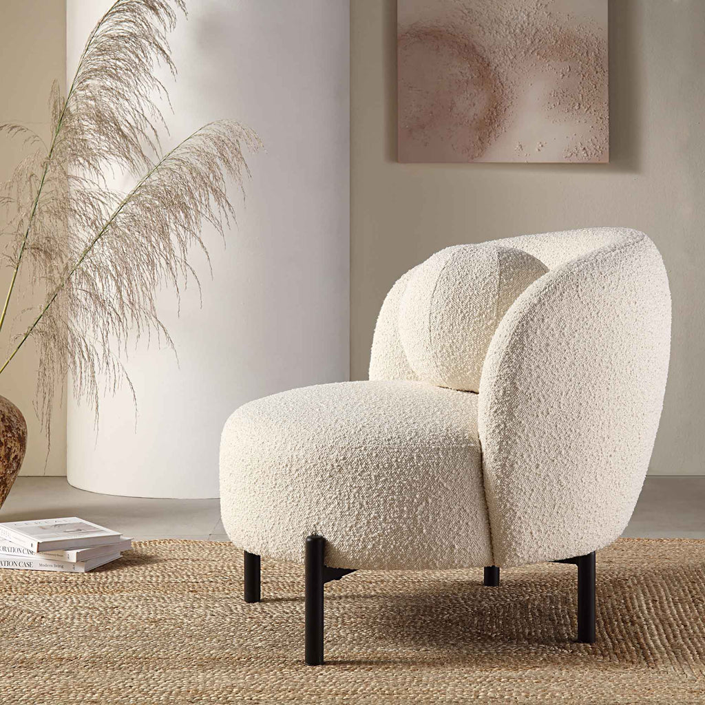 Amboise Armchair with Ball Cushion, Ecru Boucle