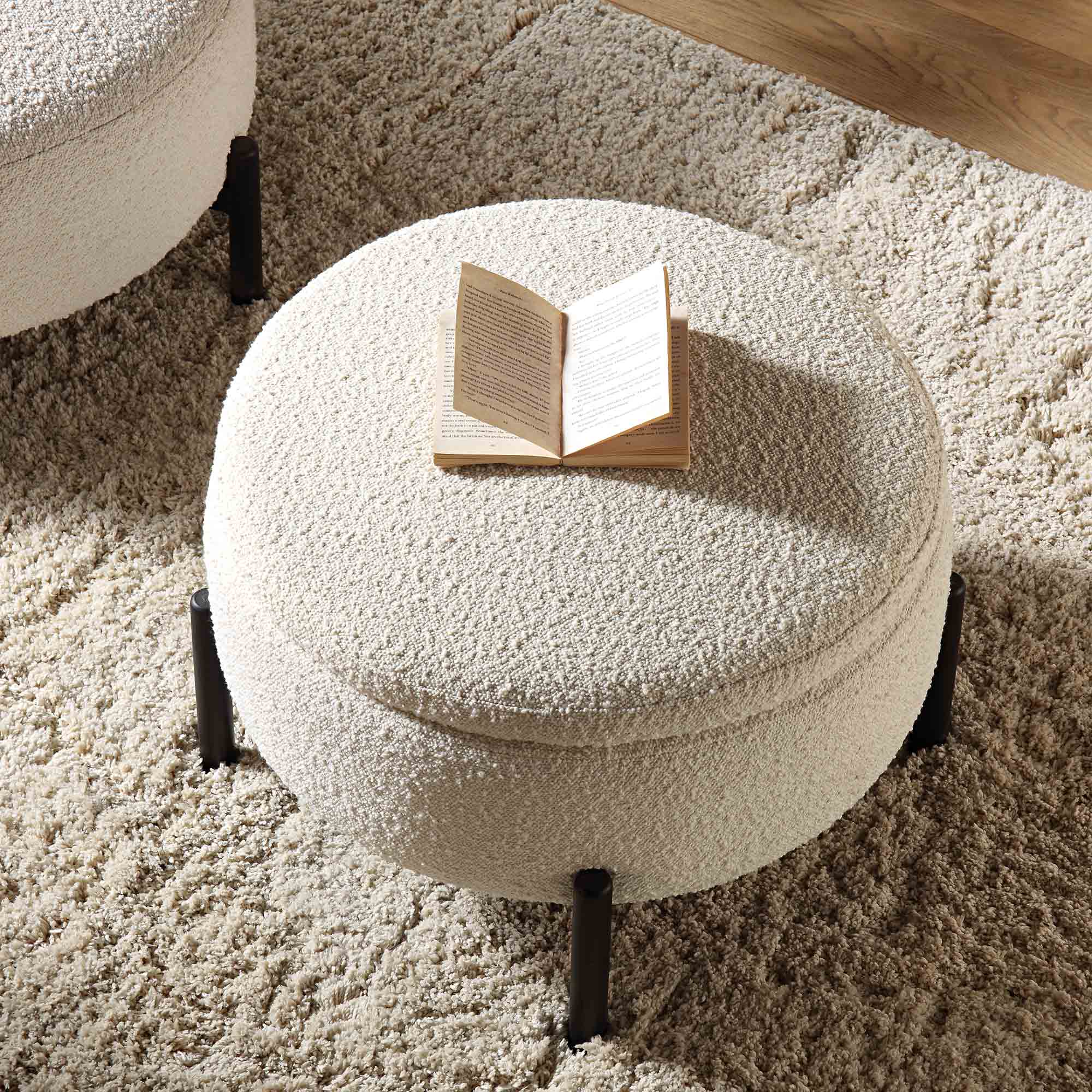 Amboise Round Storage Pouffe, Ecru Boucle