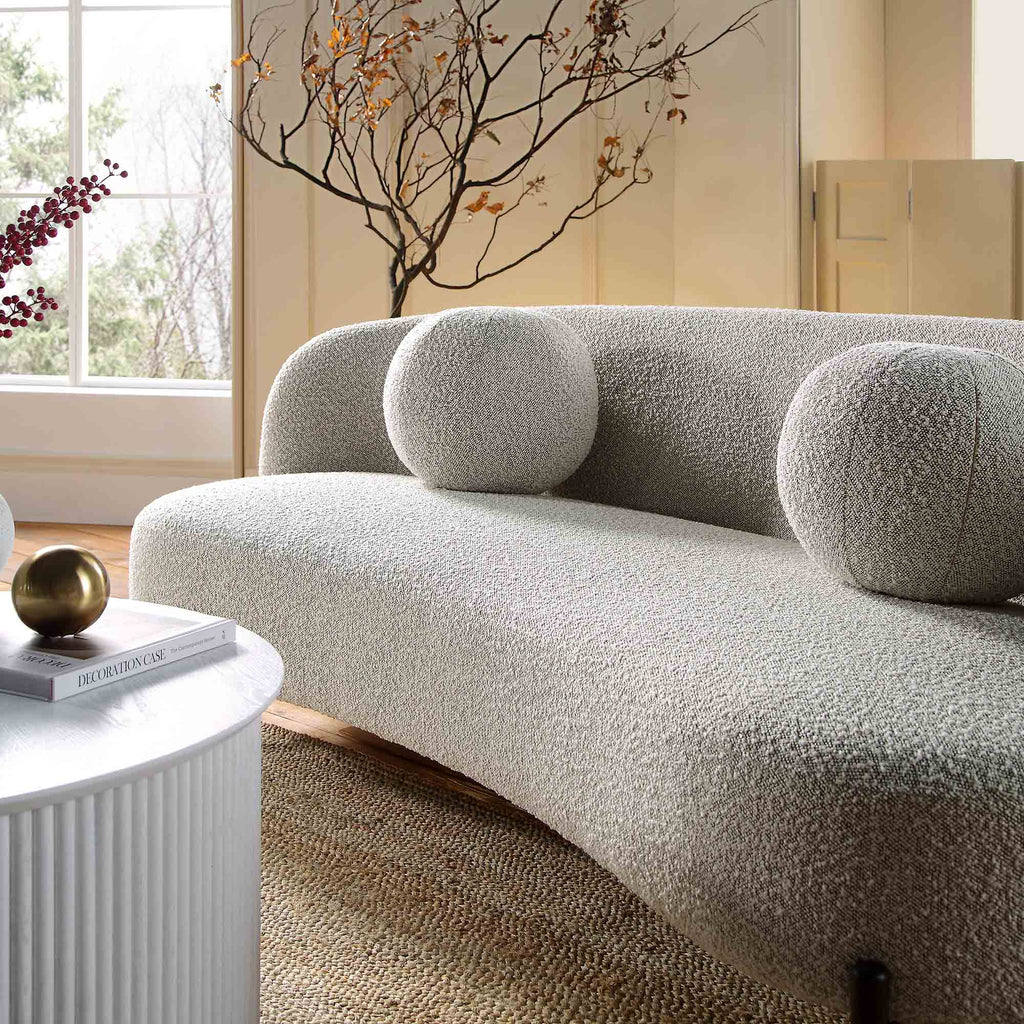 Amboise 3-Seater Curved Sofa with Ball Cushions, Mist Grey Boucle