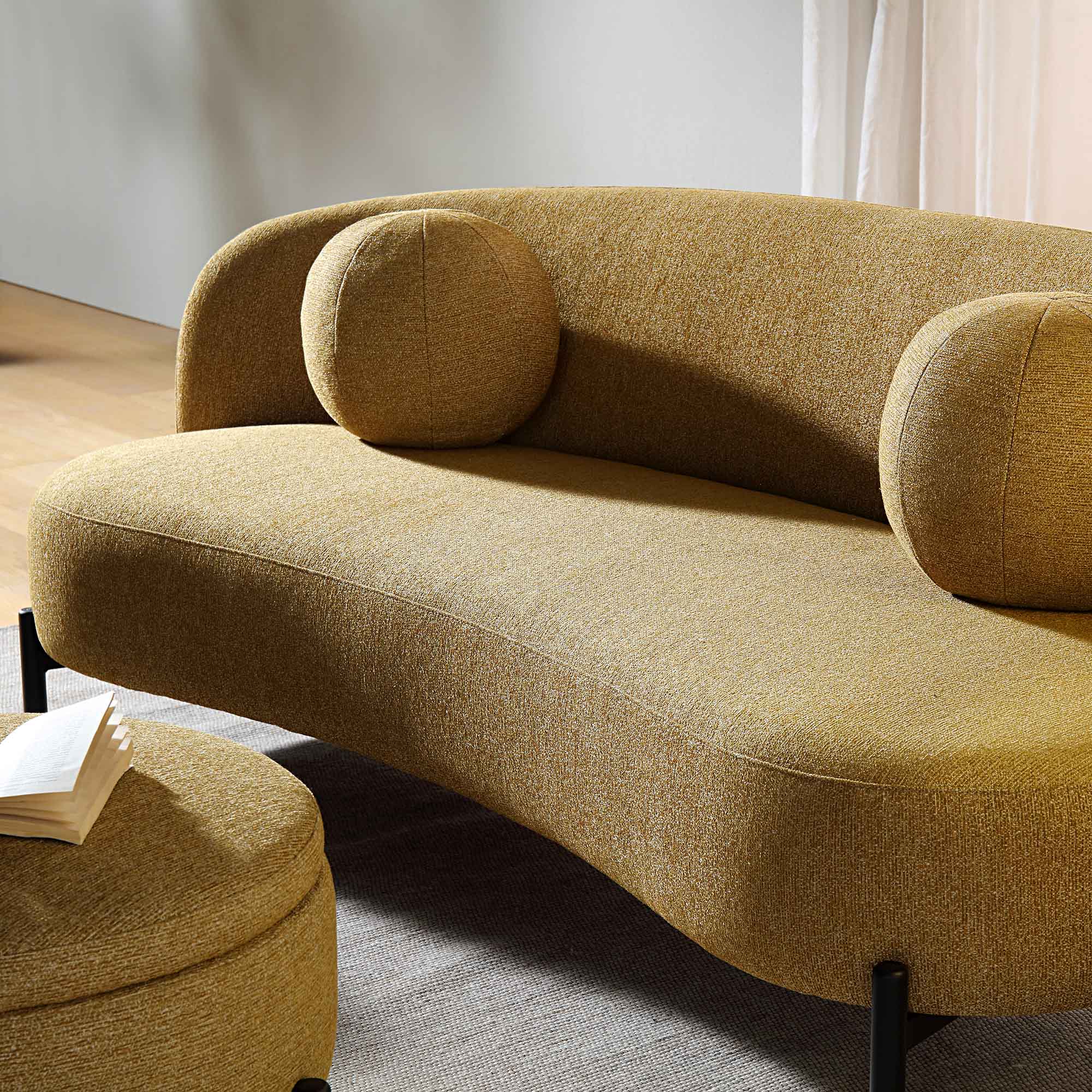 Amboise 3-Seater Curved Sofa with Ball Cushions, Marigold Textured Fabric