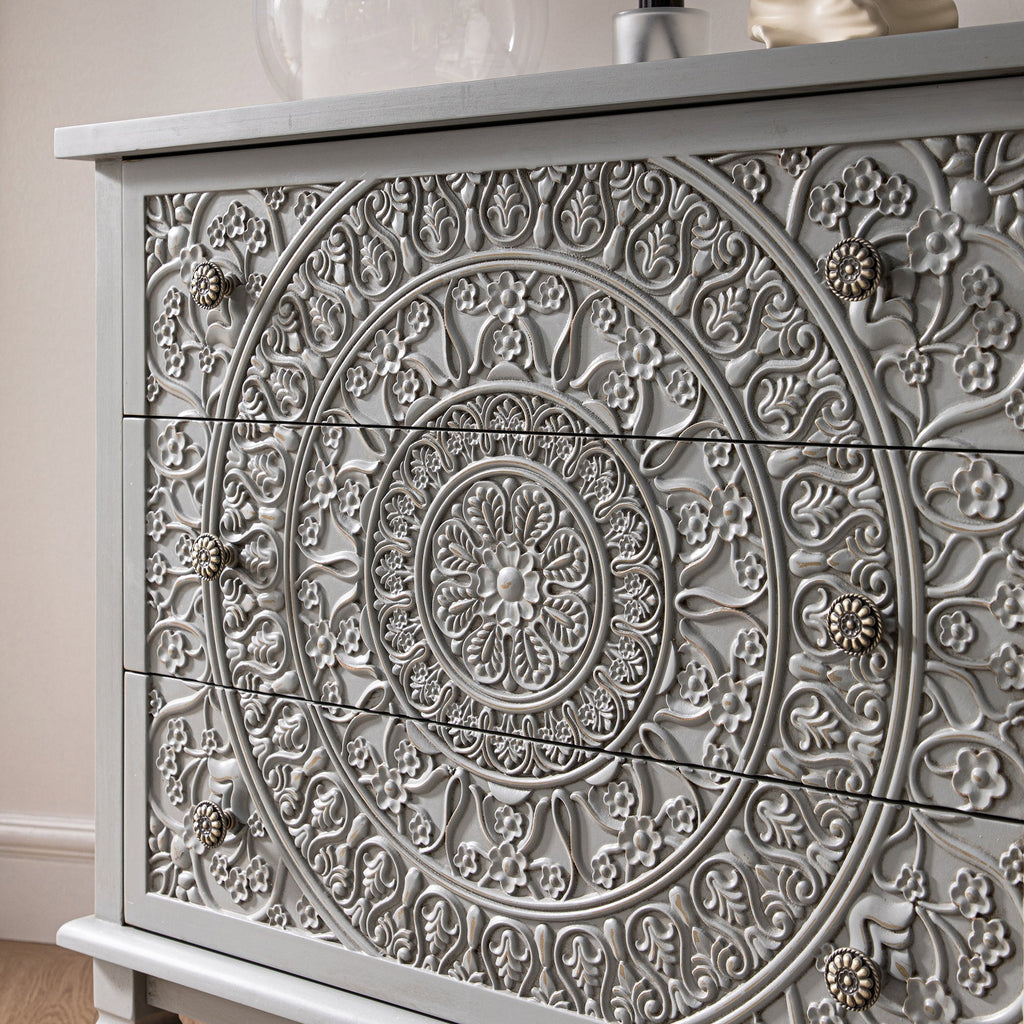 Chantilly Mid Grey Carved 3 Drawer Chest