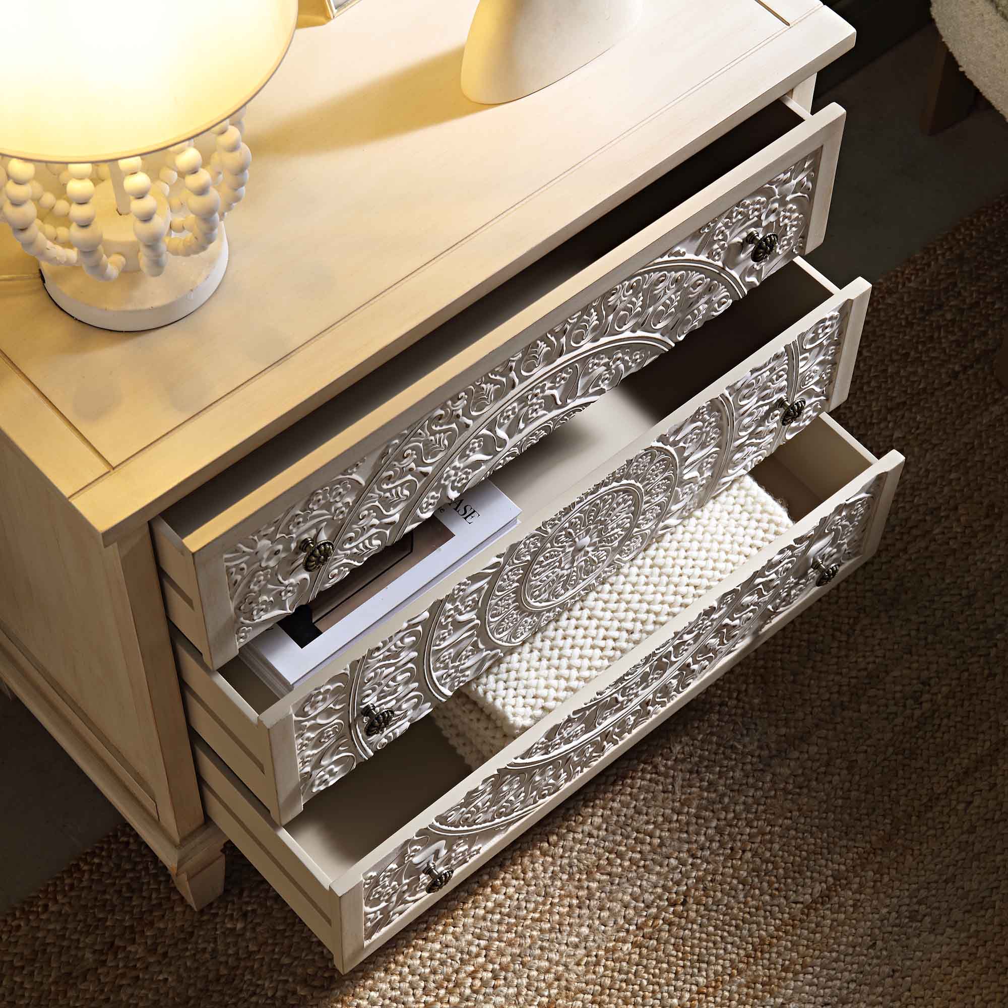 Chantilly Whitewashed Carved 3 Drawer Chest