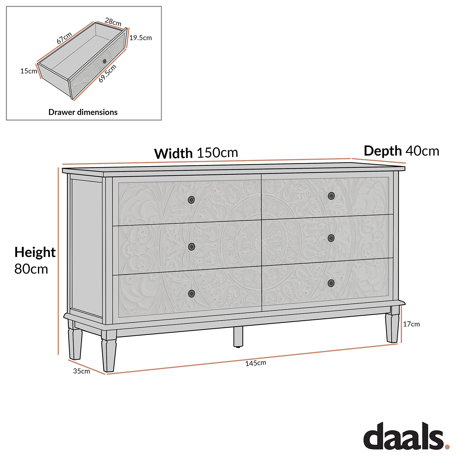 Chantilly Whitewashed Carved Wide 6 Drawer Chest