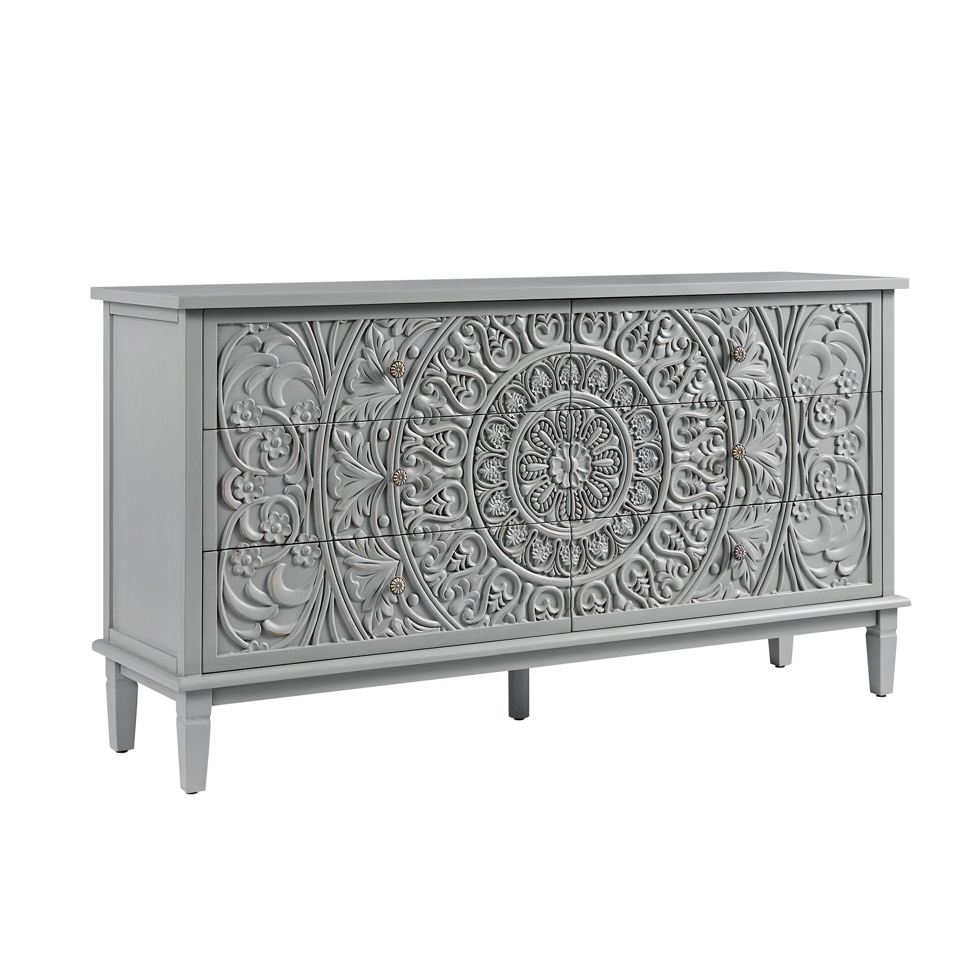 Chantilly Mid Grey Carved Wide 6 Drawer Chest