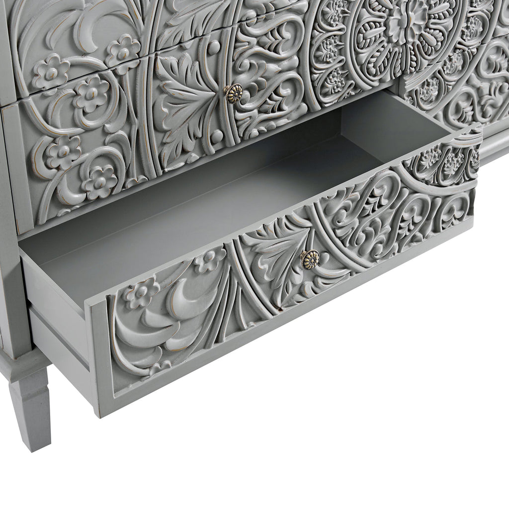 Chantilly Mid Grey Carved Wide 6 Drawer Chest