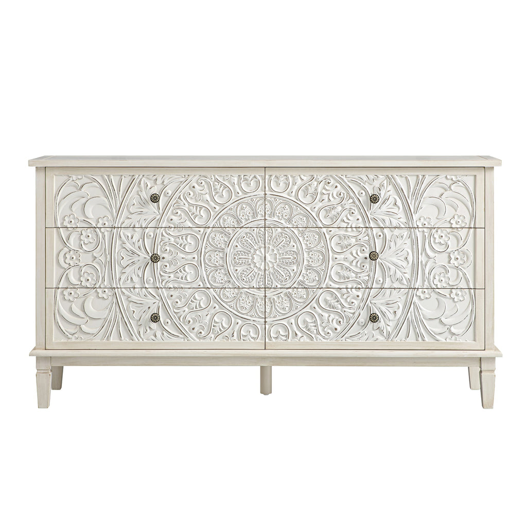 Chantilly Whitewashed Carved Wide 6 Drawer Chest