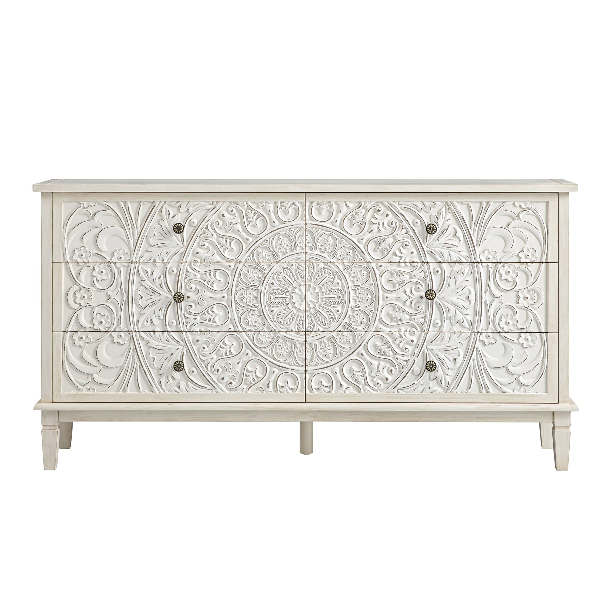 Chantilly Whitewashed Carved Wide 6 Drawer Chest