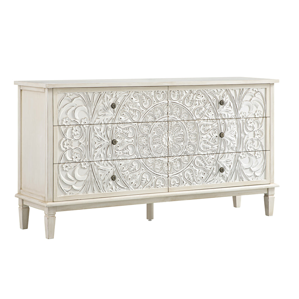 Chantilly Whitewashed Carved Wide 6 Drawer Chest