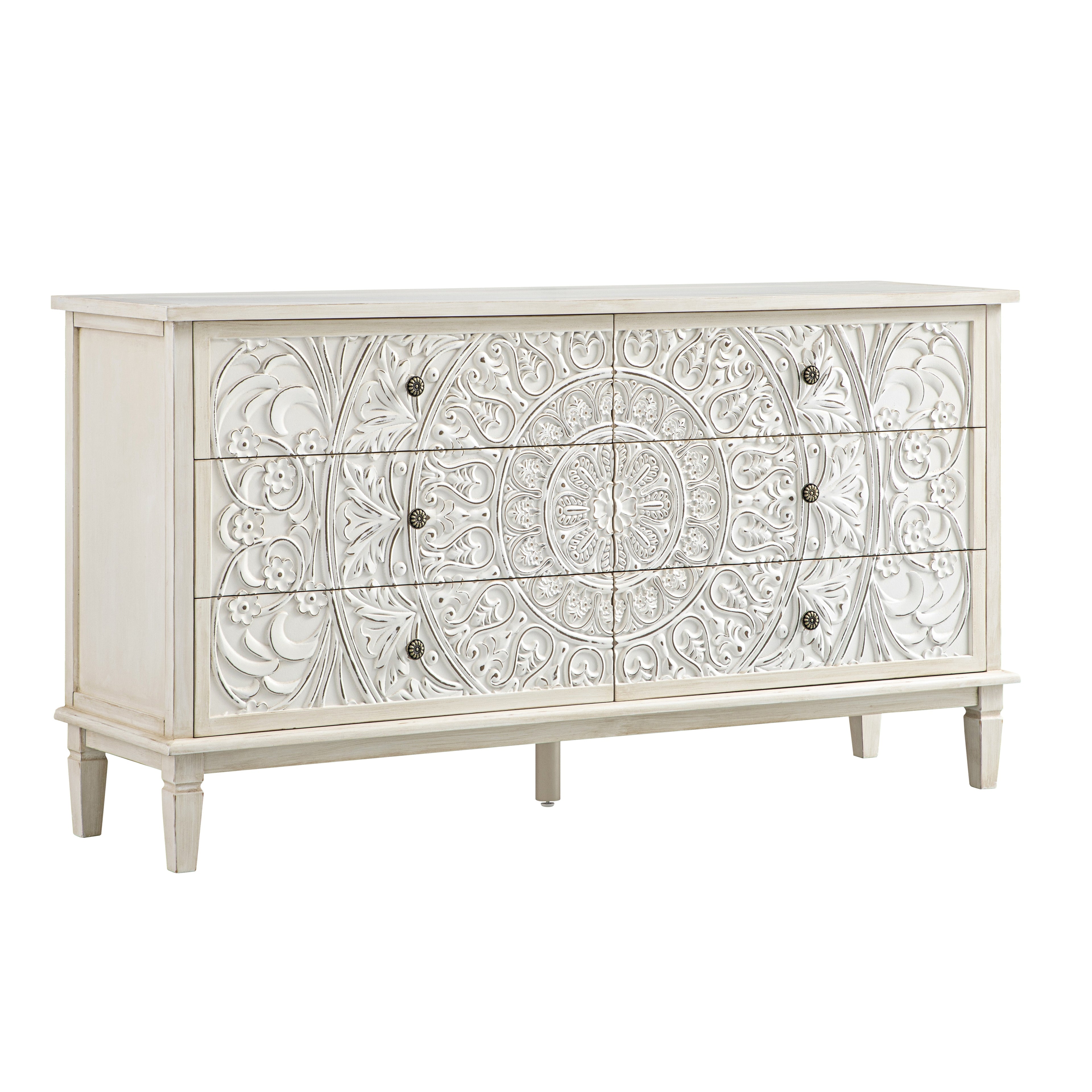 Chantilly Whitewashed Carved Wide 6 Drawer Chest