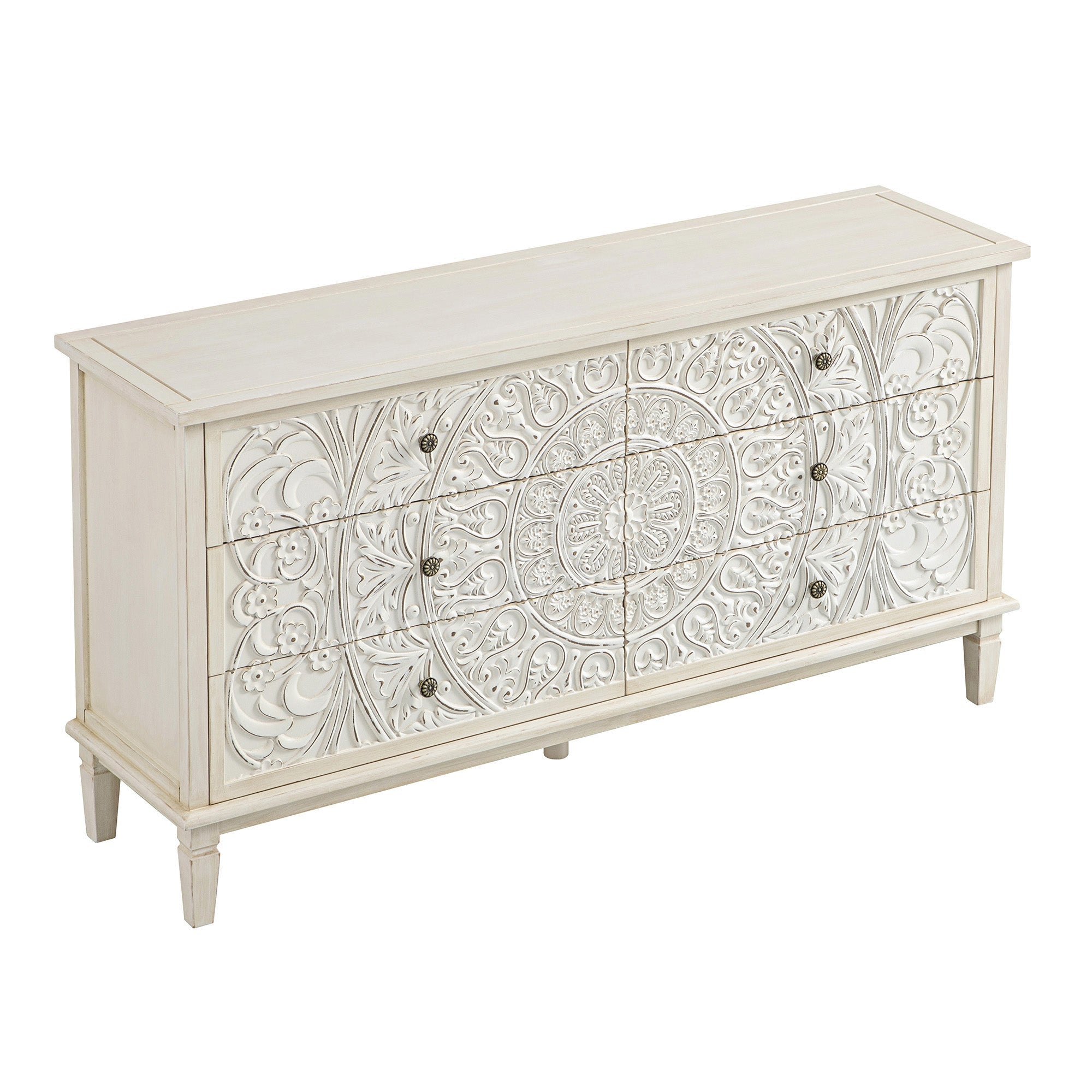Chantilly Whitewashed Carved Wide 6 Drawer Chest