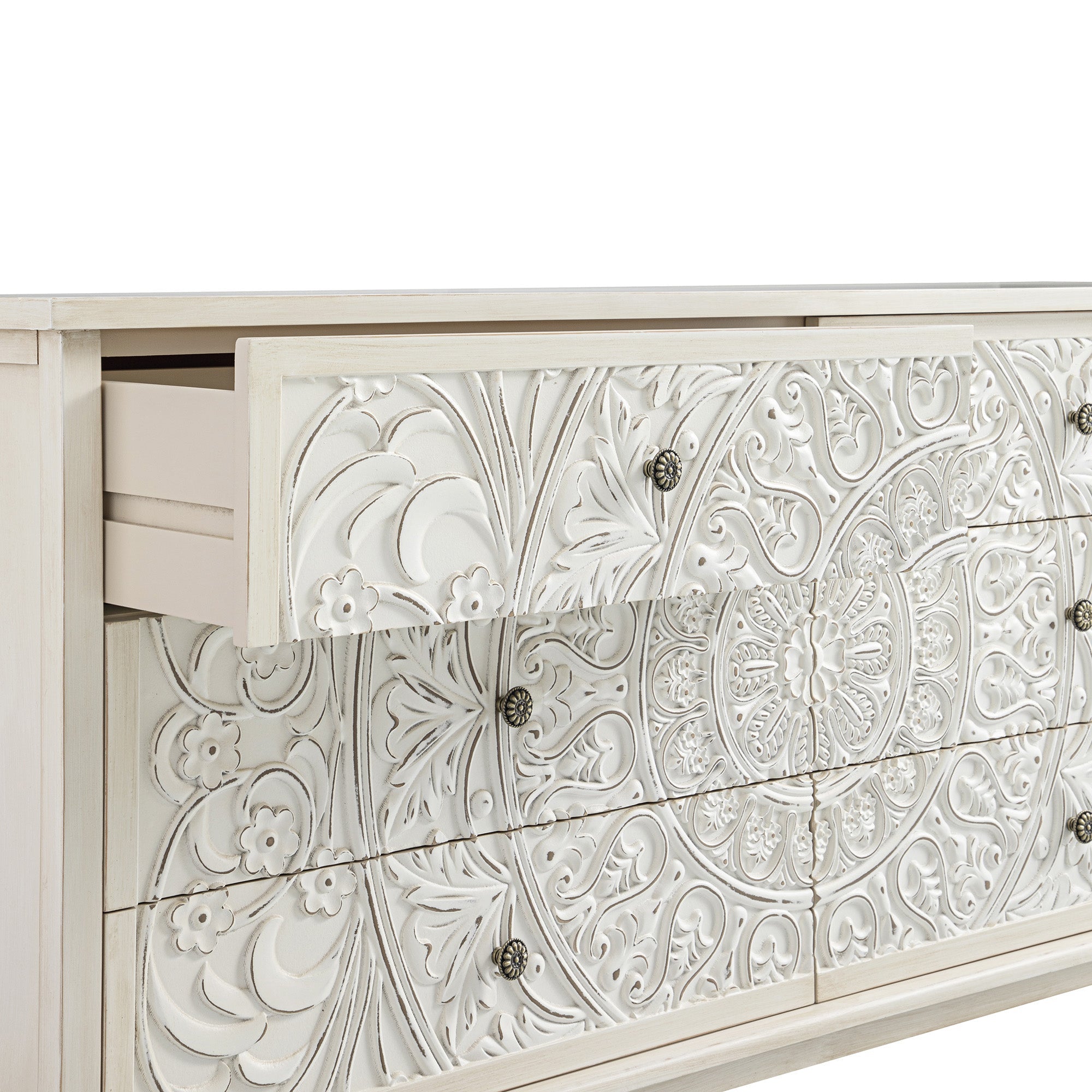 Chantilly Whitewashed Carved Wide 6 Drawer Chest