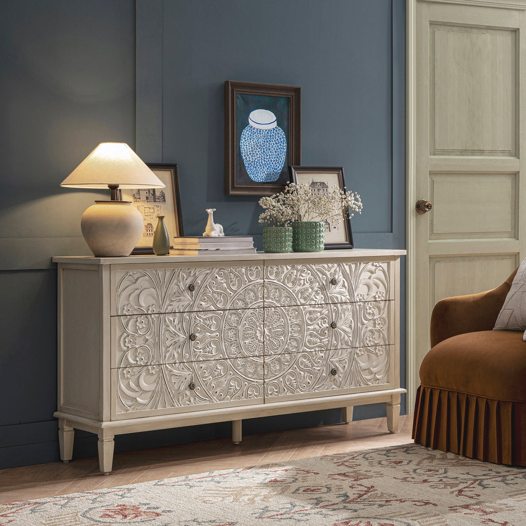 Chantilly Whitewashed Carved Wide 6 Drawer Chest