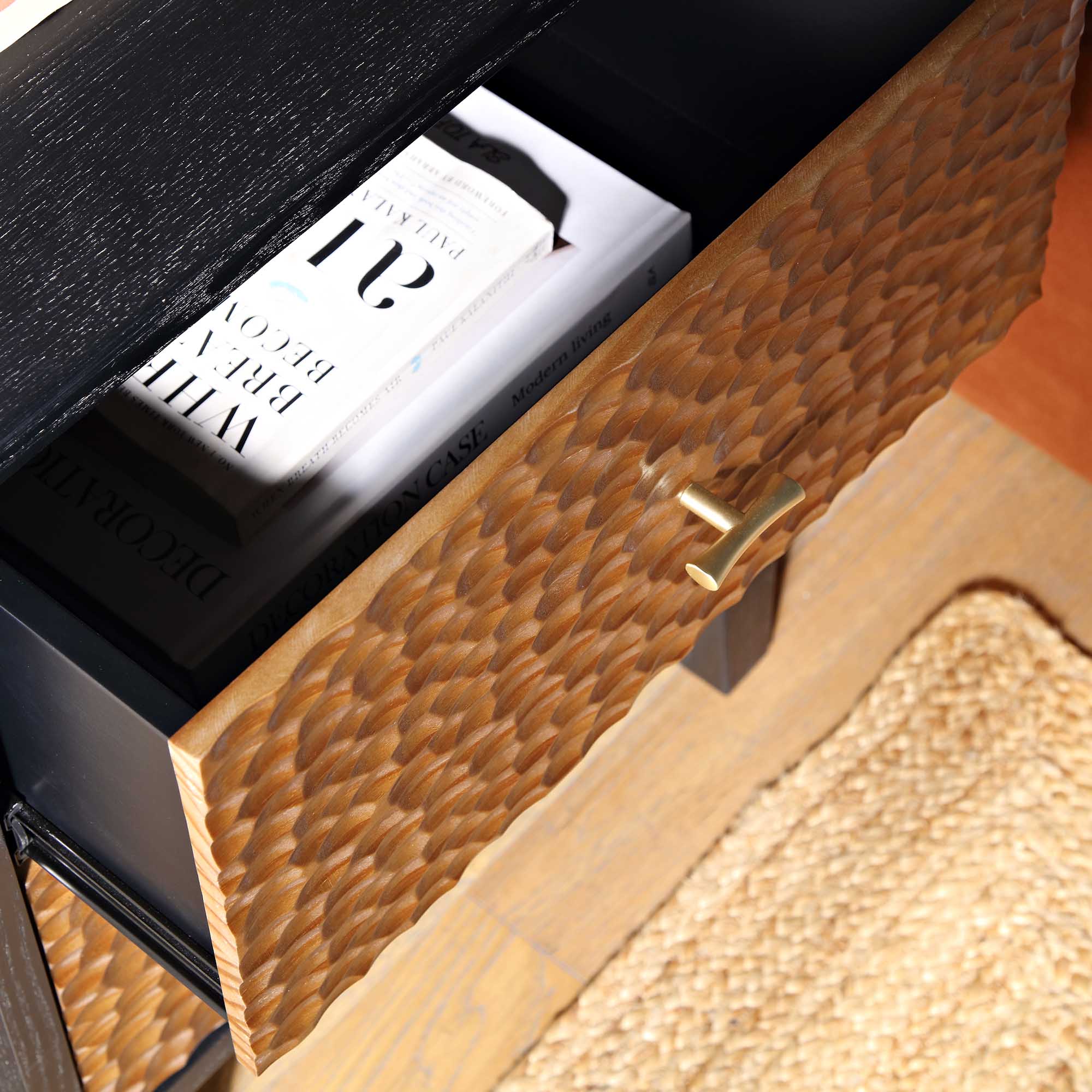 Bianca Chip Carved Bedside Table, Antique Bronze & Black