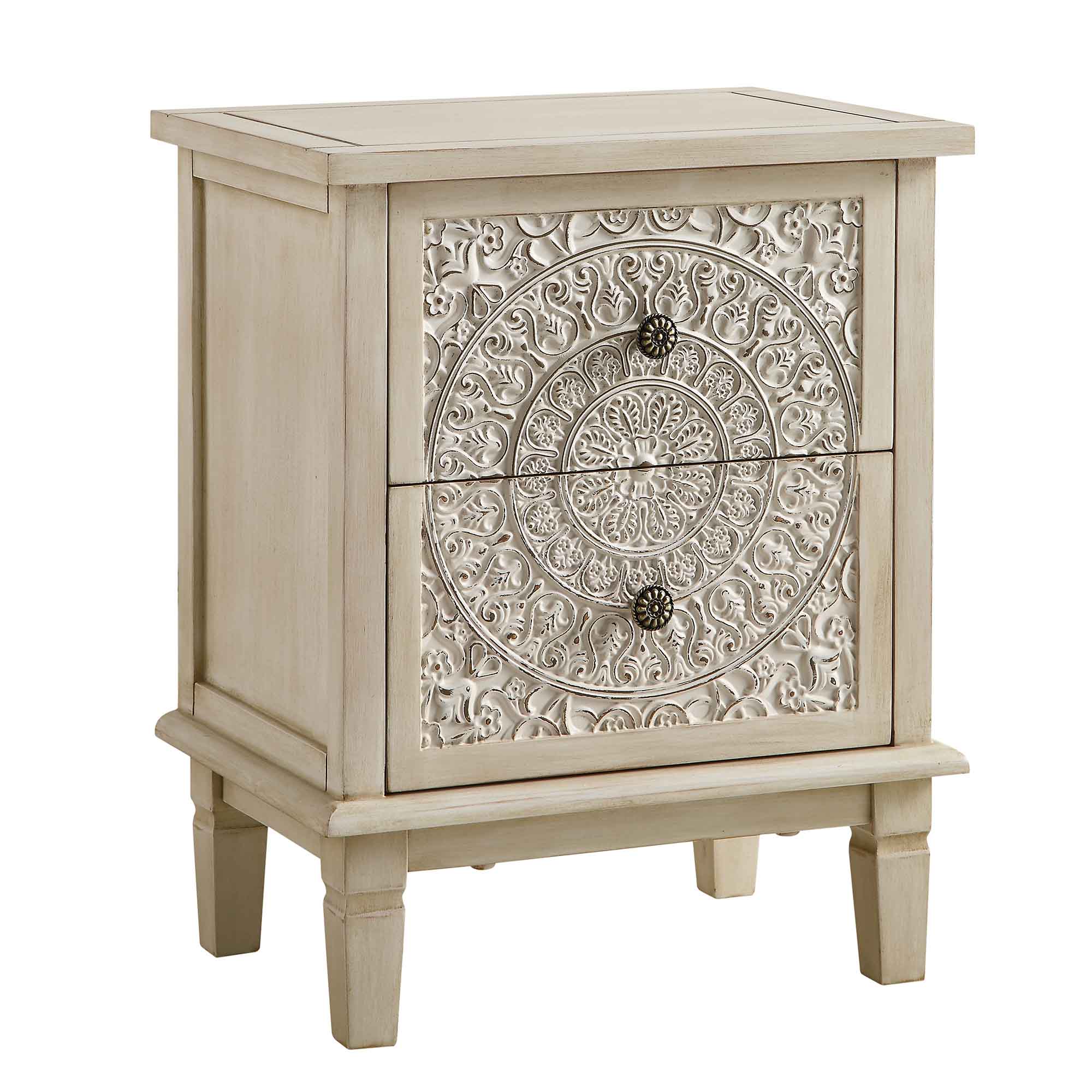 Chantilly Whitewashed Carved 2 Drawer Bedside Table