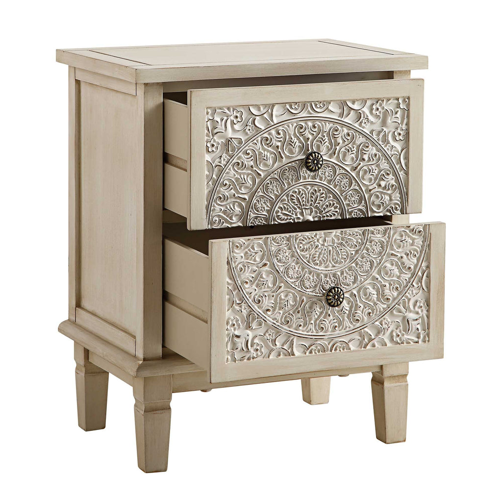 Chantilly Whitewashed Carved 2 Drawer Bedside Table