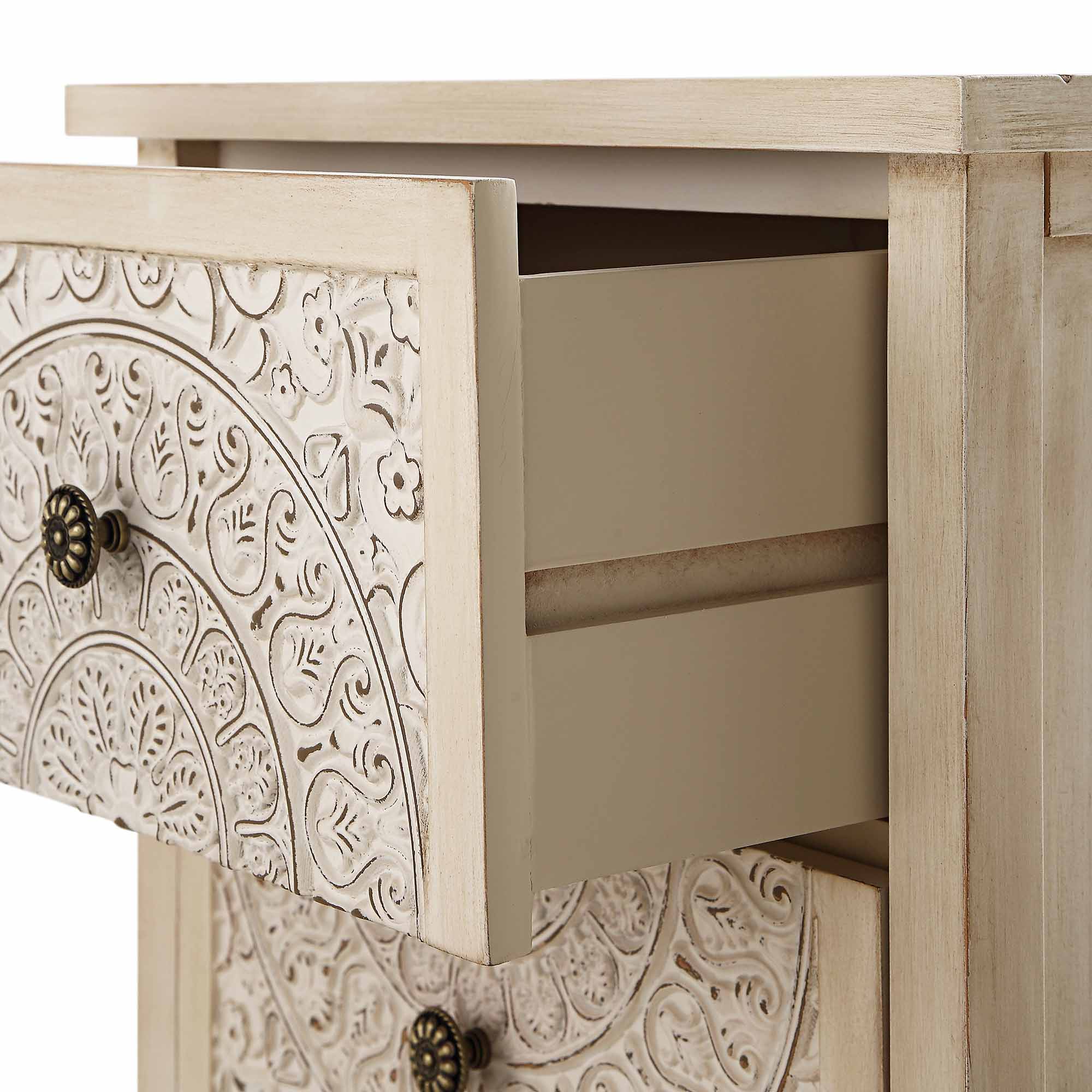 Chantilly Whitewashed Carved 2 Drawer Bedside Table