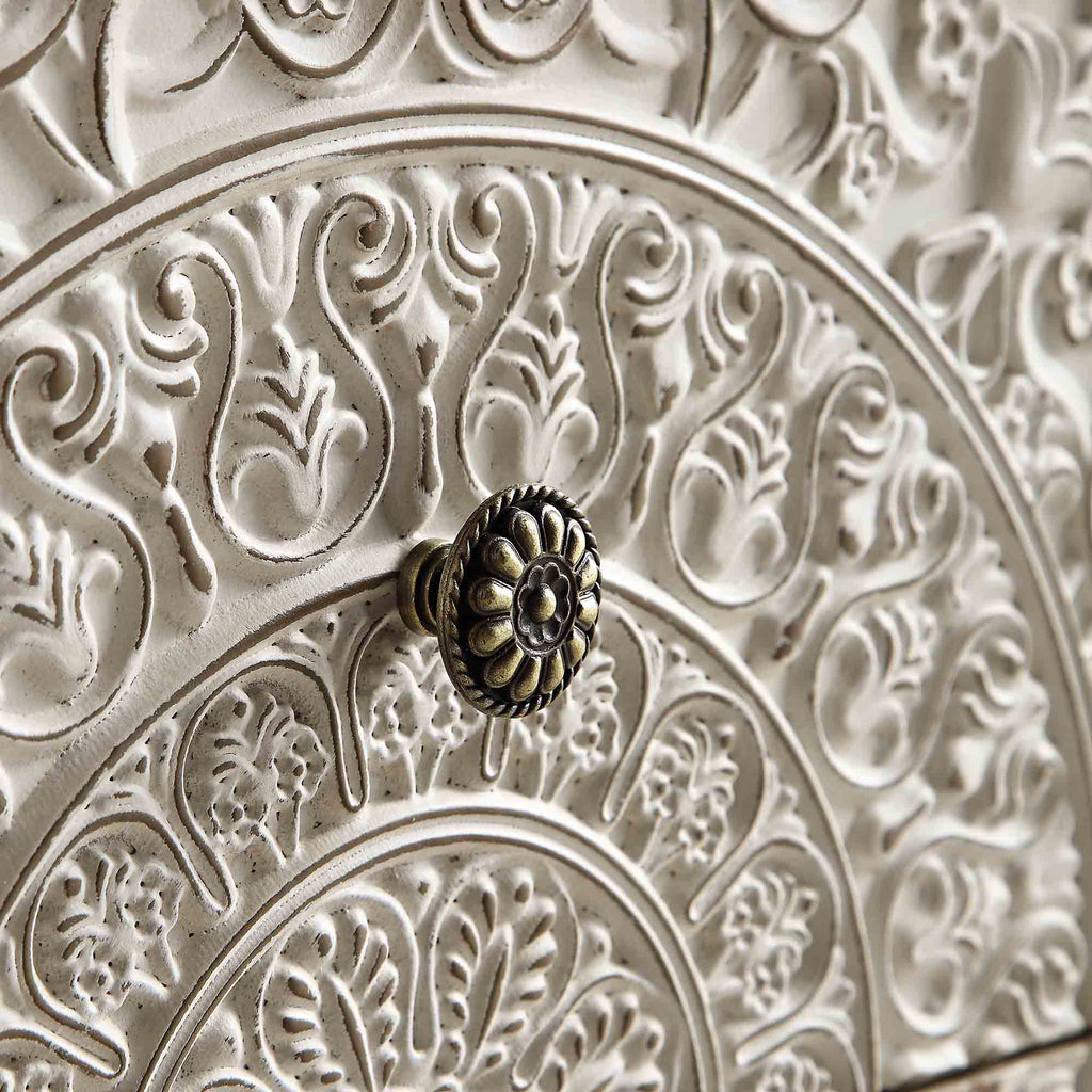 Chantilly Whitewashed Carved 2 Drawer Bedside Table