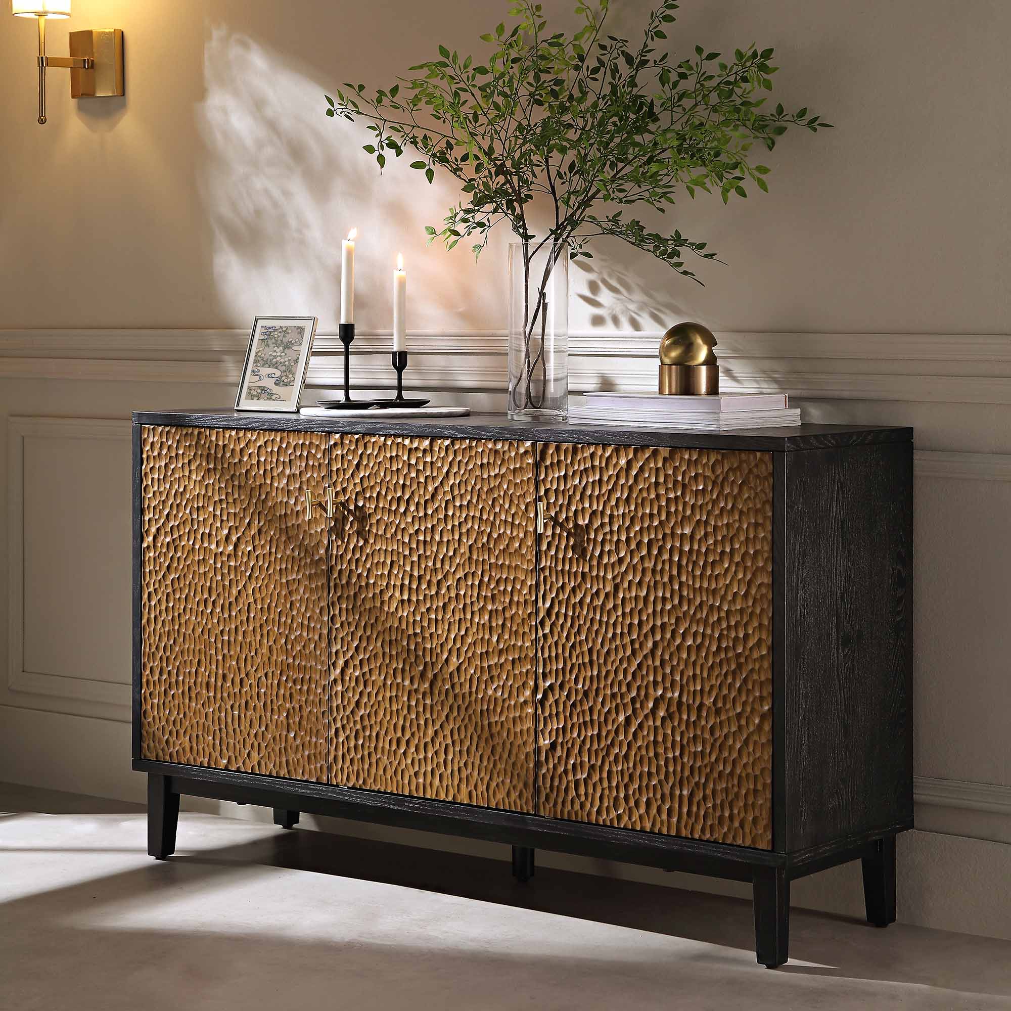 Bianca Chip Carved 3 Door Sideboard, Antique Bronze & Black