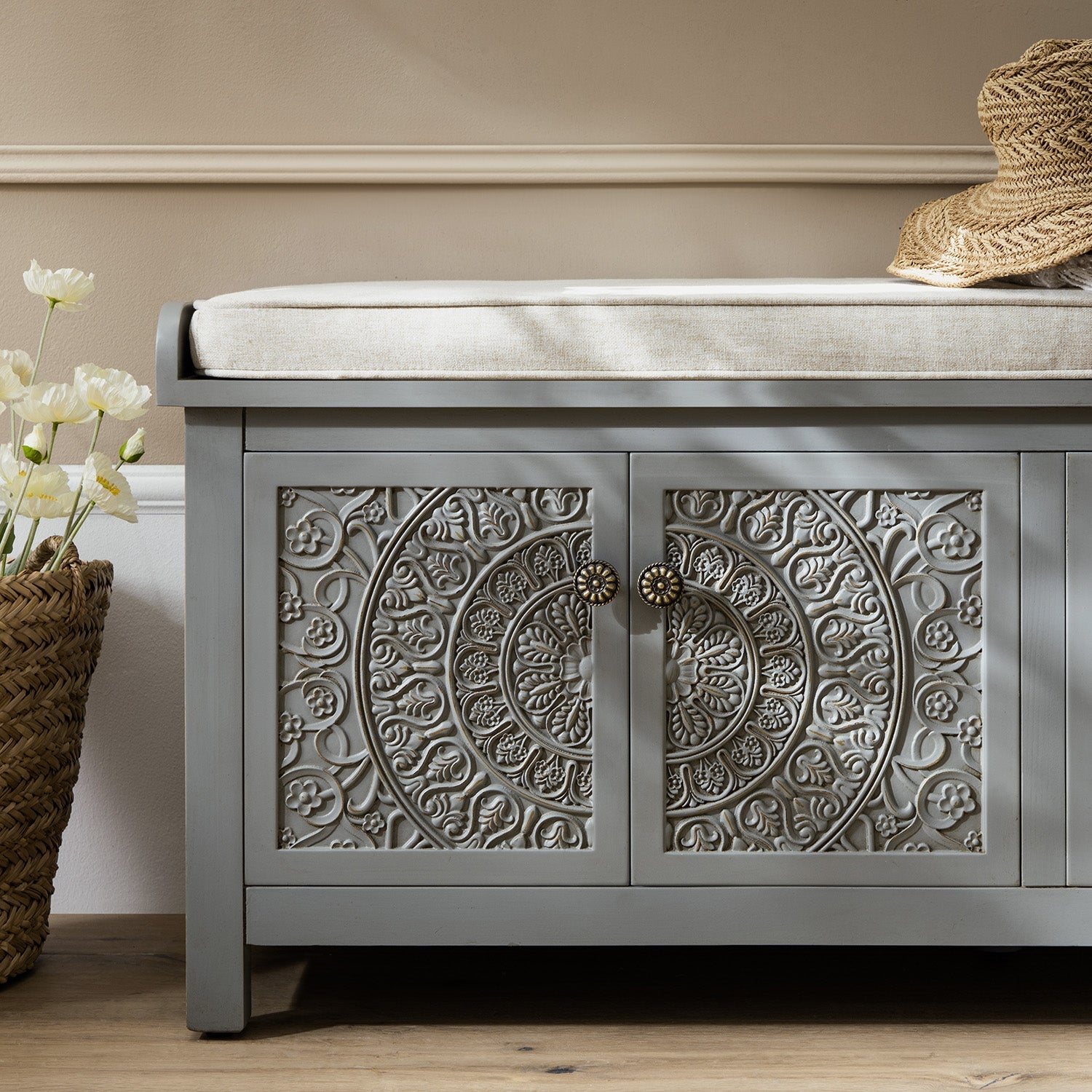 Chantilly Mid Grey Carved Storage Bench