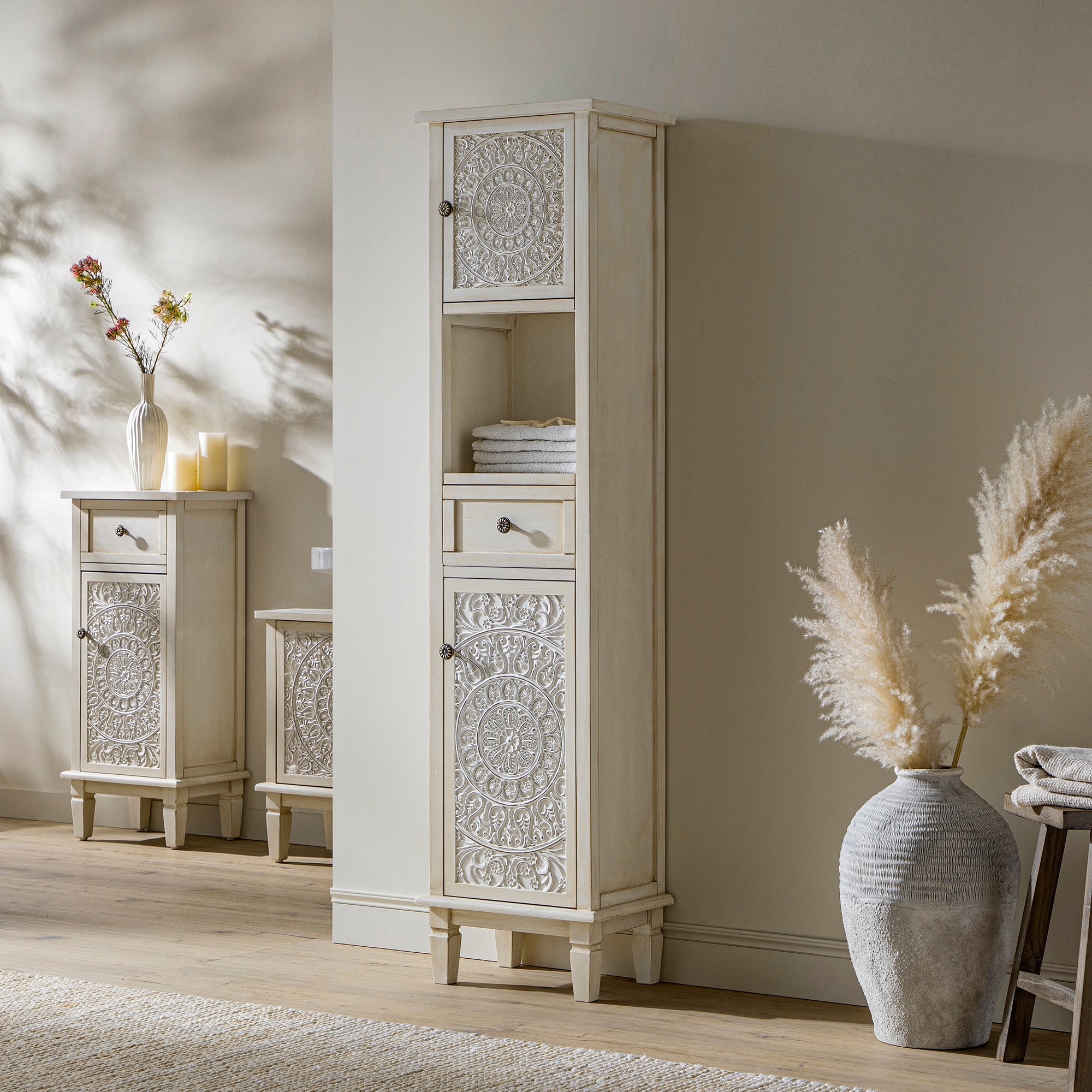 Chantilly Whitewashed Carved Bathroom Tallboy Cabinet